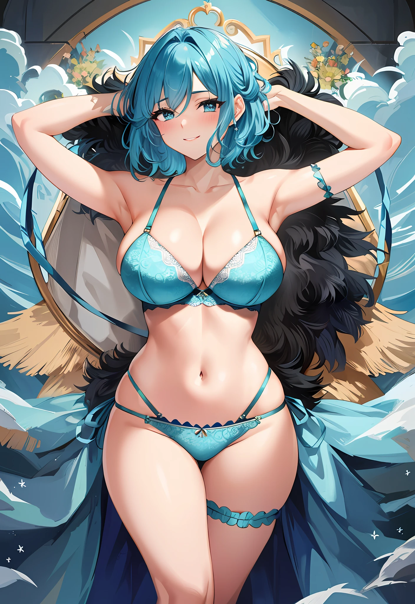 (masterpiece:1.2), (best quality:1.2) 1girl, blush, large breasts, smile, long eyelashes, panties, bra, wide hips, short hair, aqua blue hair, arms on hips, (big pupils, wide eyes:1.2)