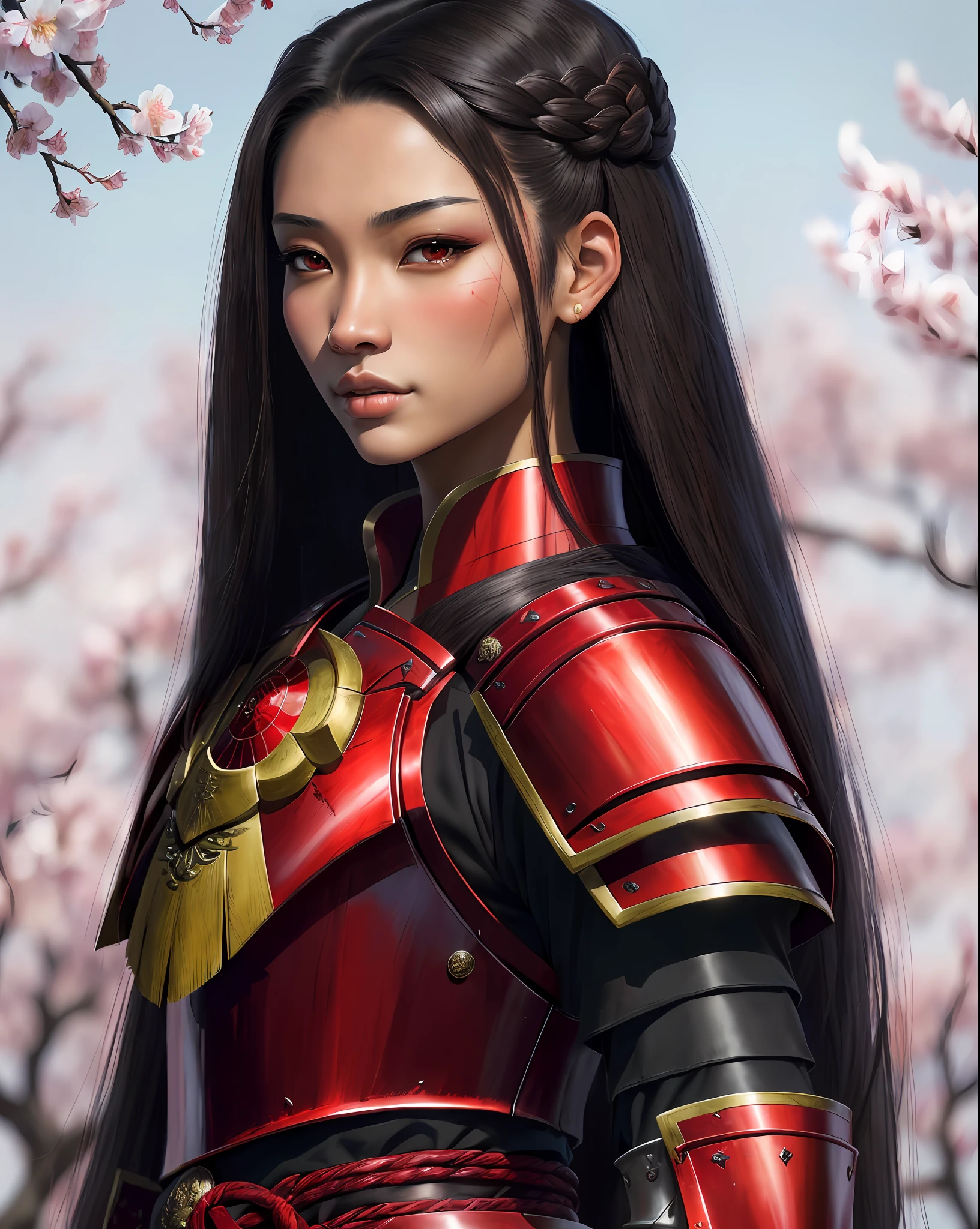 ((8k portrait of beautiful mixed asian female, side profile, masterpice, sidelighting)), long hair, detailed light samurai armor, ((blood red armor, black inner)), cinematic lighting, cherry blossoms, ash, melancholic, award winning photography, Popular on Deviant Art, Best of ArtStation, by WLOP, outdoor, oriental lighting