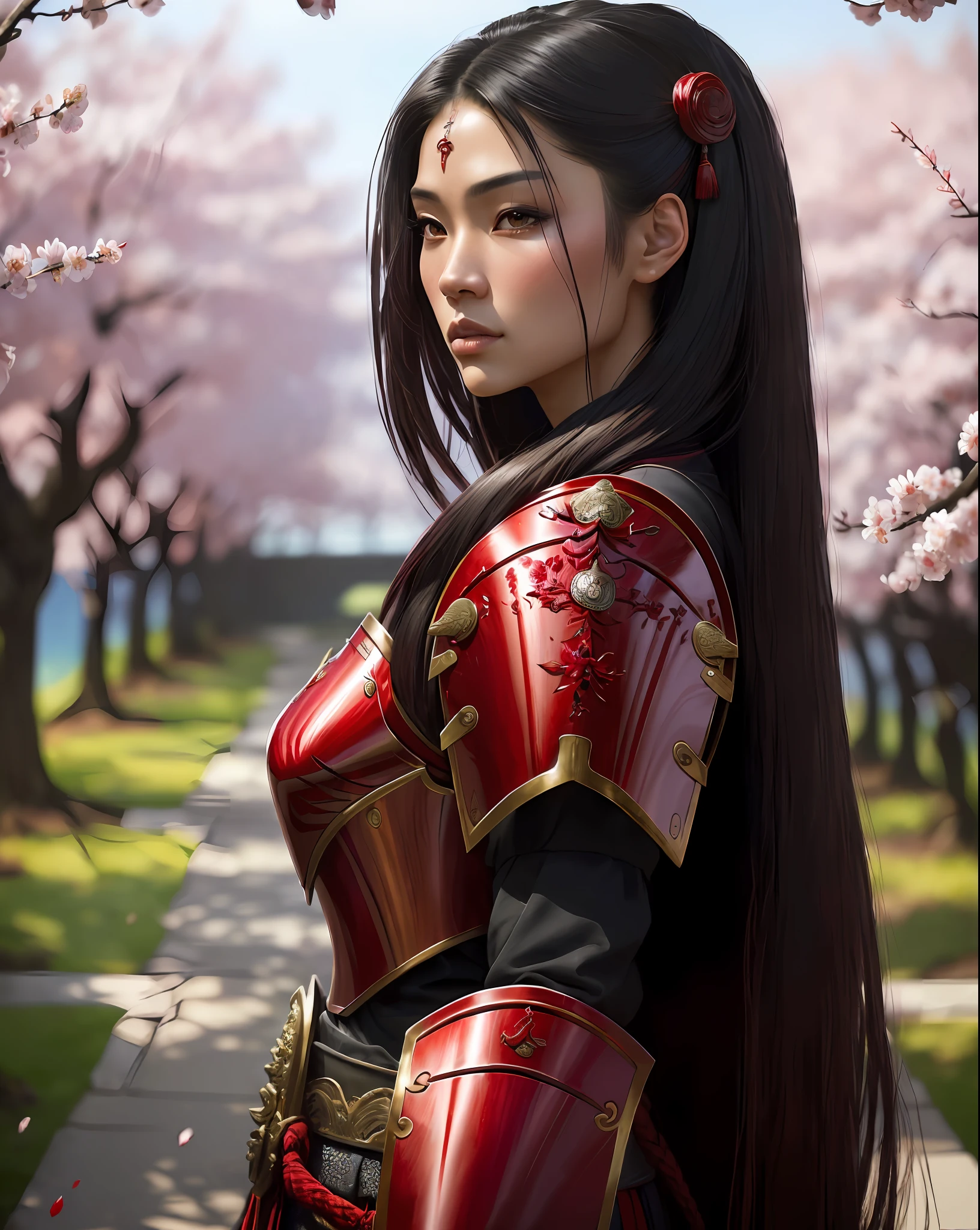 ((8k portrait of beautiful mixed asian female, side profile, masterpice, sidelighting)), long hair, detailed light samurai armor, ((blood red armor, black inner)), cinematic lighting, cherry blossoms, ash, melancholic, award winning photography, Popular on Deviant Art, Best of ArtStation, by WLOP, outdoor, oriental lighting