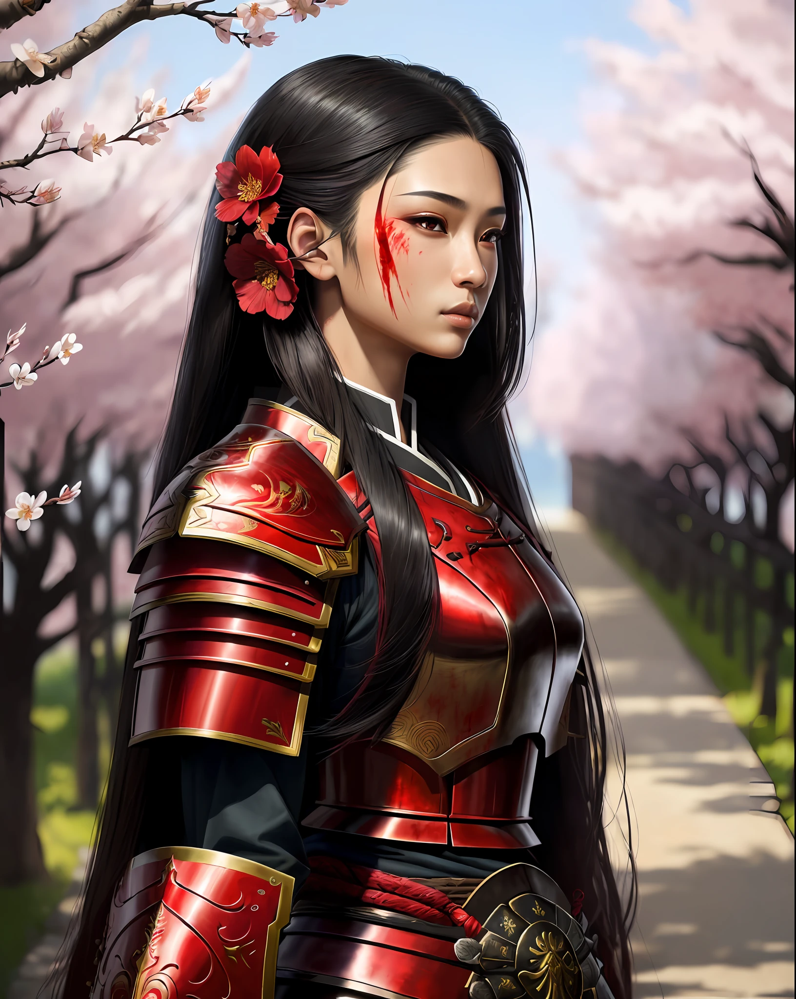 ((8k portrait of beautiful mixed asian female, side profile, masterpice, sidelighting)), long hair, detailed light samurai armor, ((blood red armor, black inner)), cinematic lighting, cherry blossoms, ash, melancholic, award winning photography, Popular on Deviant Art, Best of ArtStation, by WLOP, outdoor, oriental lighting