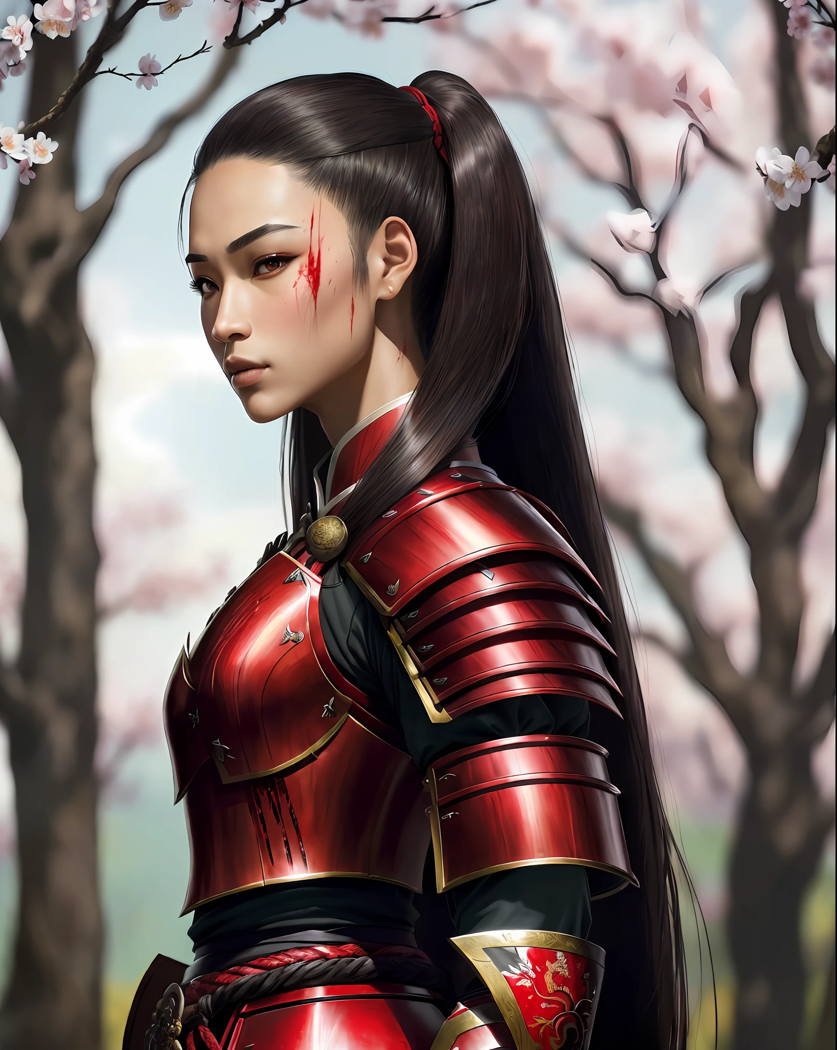 ((8k portrait of beautiful mixed asian female, side profile, masterpice, sidelighting)), long hair, detailed light samurai armor, ((blood red armor, black inner)), cinematic lighting, cherry blossoms, ash, melancholic, award winning photography, Popular on Deviant Art, Best of ArtStation, by WLOP, outdoor, oriental lighting