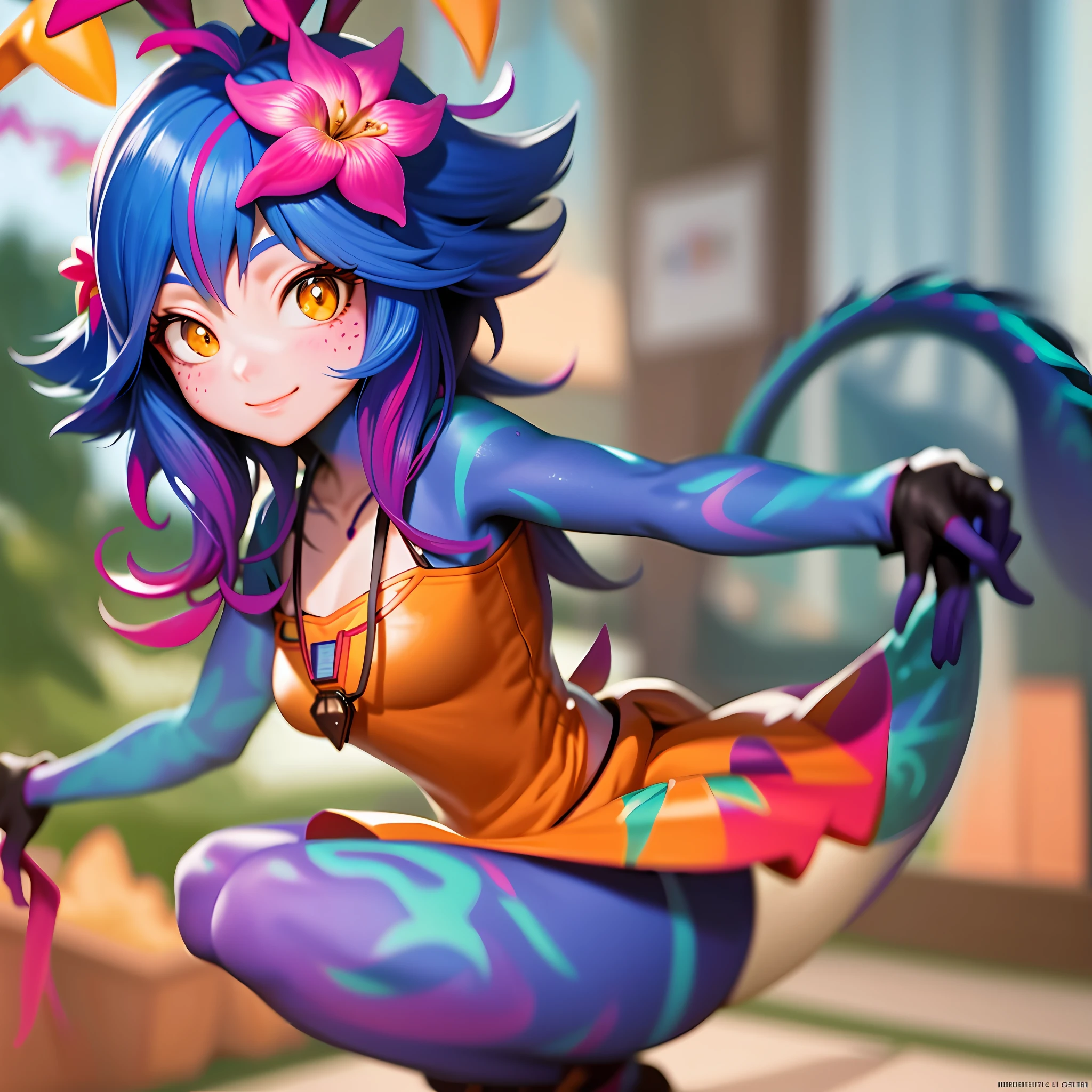best illustration, illustration, vibrant colors, masterpiece, best quality, absurdities, 1girl, beautiful face, detailed eyes, looking at viewer, contrapposto, sexy, full body, neeko, facial marks, hair ornaments, hair flower, necklace, lizard tail, multicolored skin, body painting, walking in public, with shame, red with shame, panting, smiling, in public, squat down, squat, sweaty, playboy bunny,  bunny outfit, black playboy bunny outfit