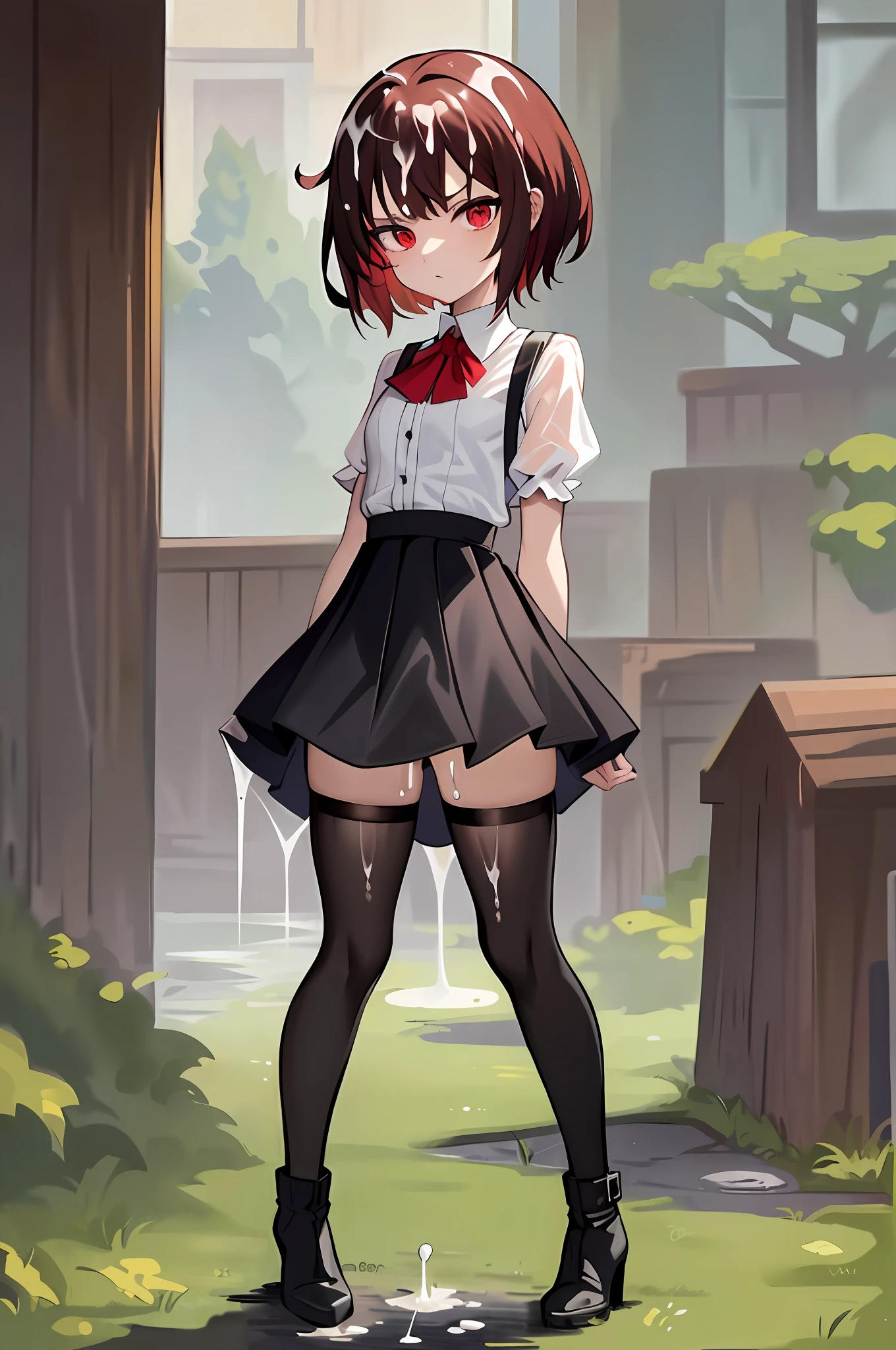 (masterpiece:1.2), (best quality:1.2), li, full body, small chest, big ass, (short, tight-fitting skirt), almost see-through wet top, boots, serious face, short hair, red hair , (pixv artstyle), (detailed masterpiece), ((excessive cum))