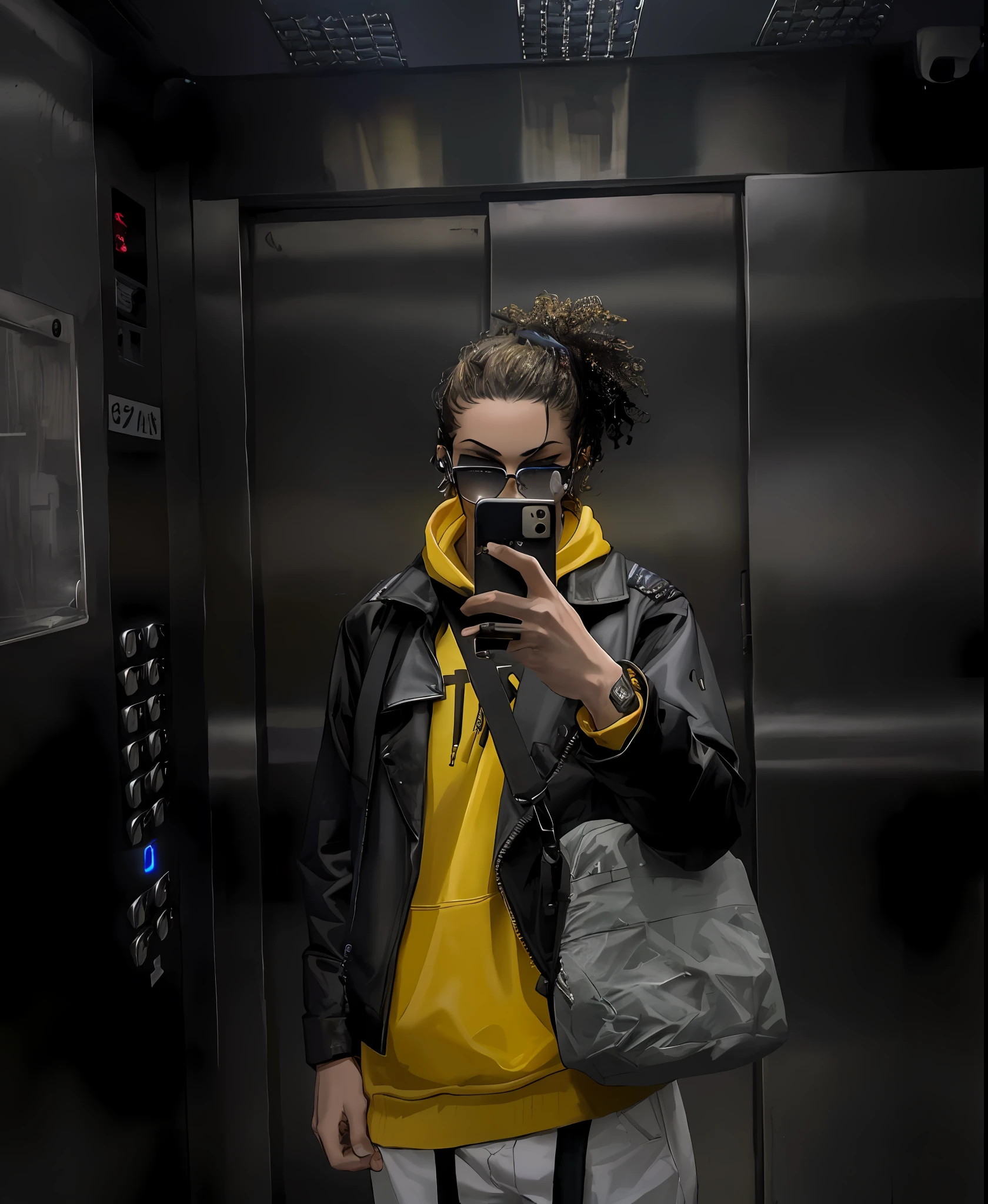 There's a man taking a selfie in an elevator, wearing a yellow sweatshirt, wearing a fisherman 🧥, in an elevator, she's wearing streetwear, wearing a turtleneck and jacket, wearing a cyberpunk jacket 2 0 7 7, taken in early 2020, with yellow, black and yellow cloths, wearing an oversized hoodie