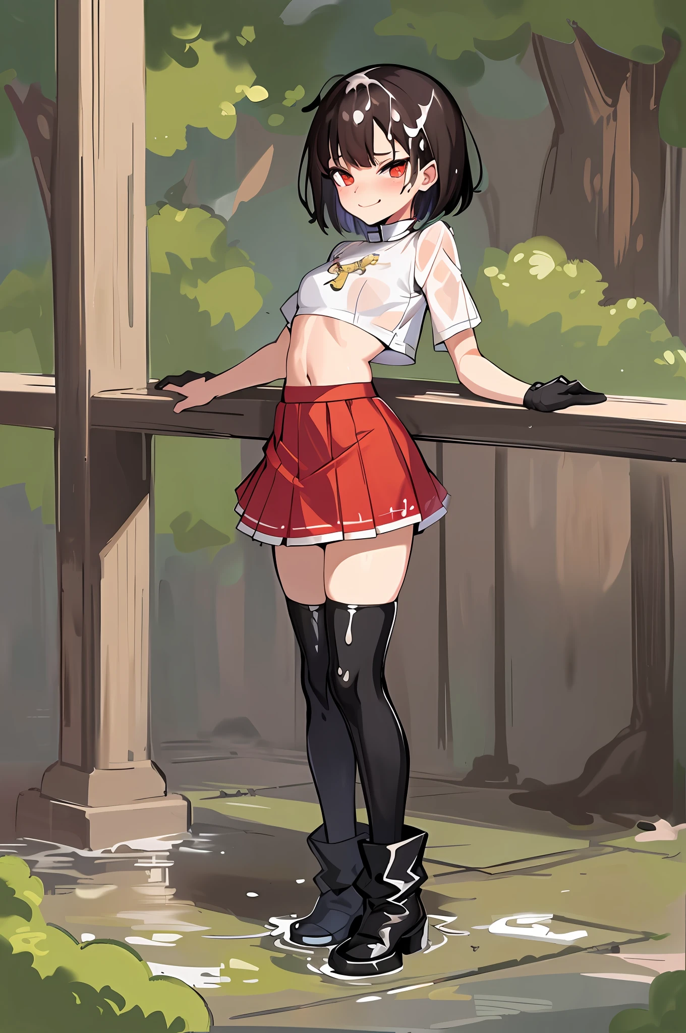 (masterpiece:1.2), (best quality:1.2), , full body, small chest, big ass, (short, tight-fitting skirt), almost see-through wet top, boots, smug face, short hair, red hair , (pixv artstyle), (detailed masterpiece), ((excessive cum)), flipped skirt