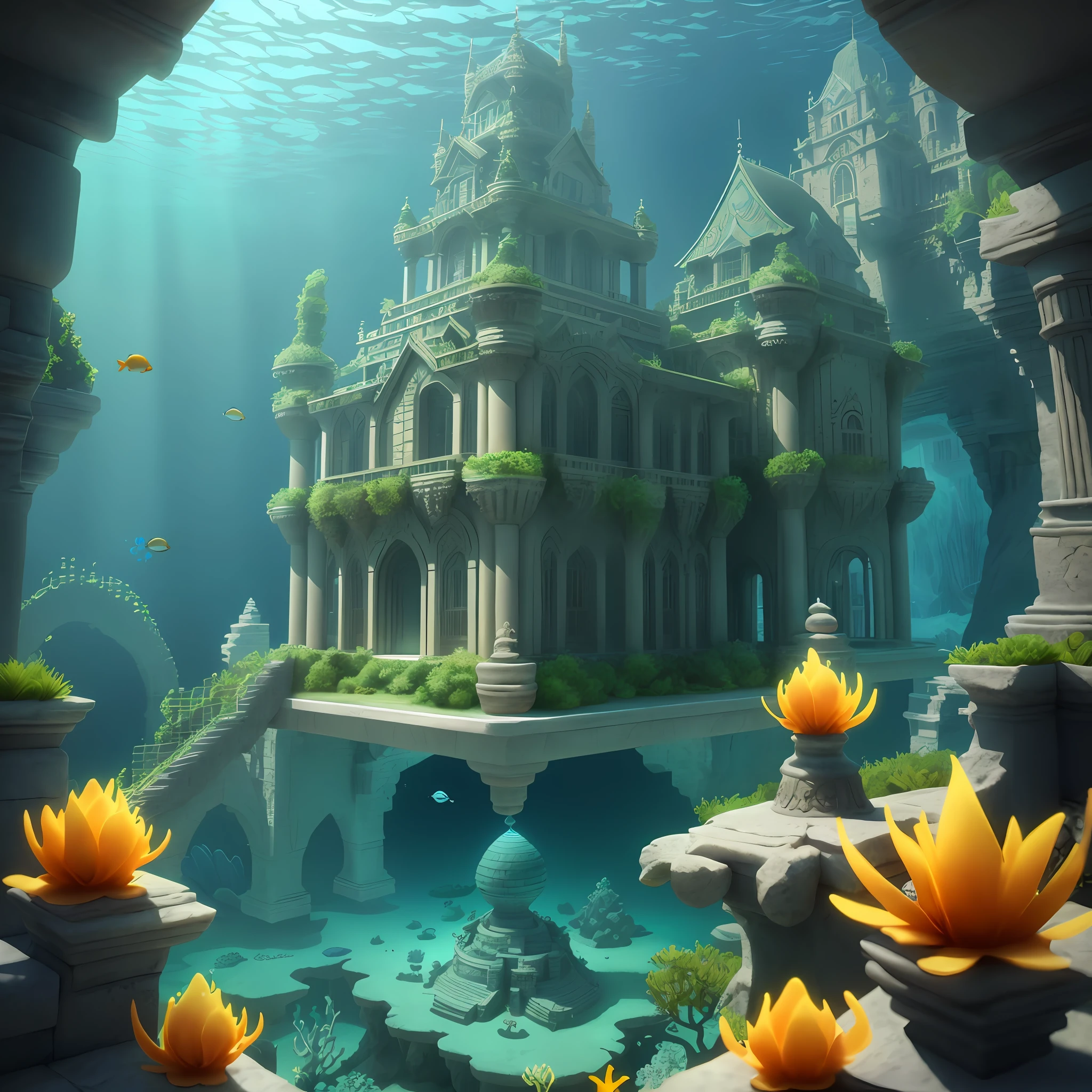 Fine underwater castle, underwater world deep sea, epic reality, (HDR: 1.4), dappled sunlight, cool colors, ancient ruins, underwater castle, castle architecture style is Middle Eastern architectural style, marine life type house full of design, incredible, epic composition, stylized 3d rendering, 3 D rendering stylized, stylized to 3D rendering, fantastic scene, architecture is a 45 degree perspective, background has a lot of underwater mountains, there are fish, beautiful rendering of fairy tales, stylized 3 D, in Rendered in Cinema4D, rendered in Cinema 4 D, Underwater Temple with Fish, Fantasy 3 D Rendering, 3 D Illustration, Living Bottom Colors: Emerald Green Water Grass, Lush Coral, Golden Sand, Transparent Seabed, Delicate Light and Shadow, Fantastic Water, Starfish, Shells, Jewelry, Beauty Goddess Hanging Goldfish Skirt Resident Palace.