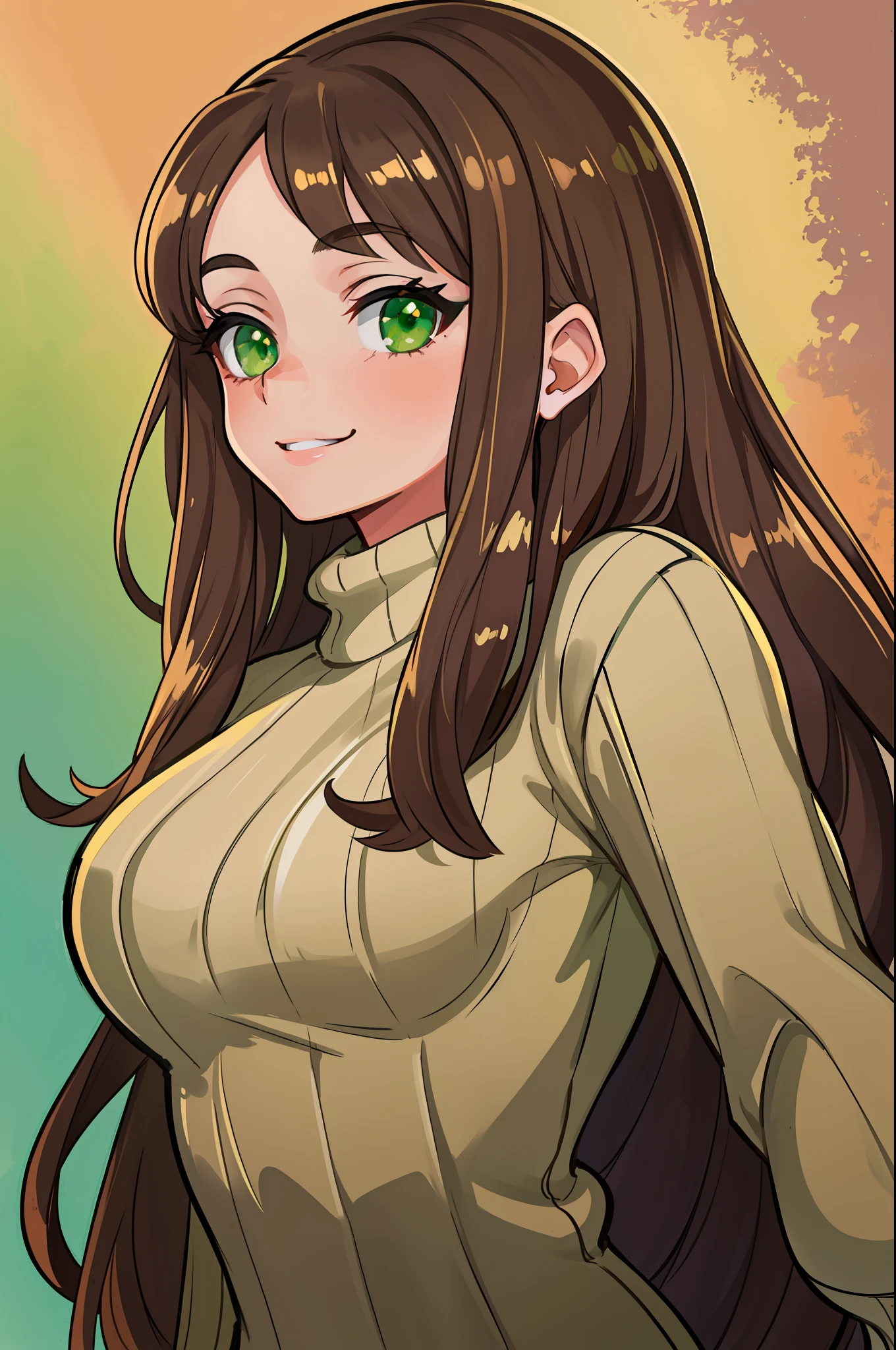 "A stunning masterpiece of a high-res portrait of a beautifully detailed girl with long, shiny brown hair and mesmerizing green eyes, wearing a cozy sweater and flashing a gorgeous smile that accentuates her small yet perfectly-formed breasts."