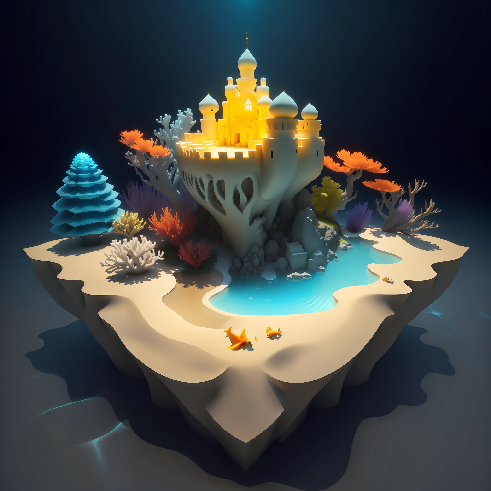 There is an island with a castle on it, stylized 3d rendering, 3 D rendering stylized, stylized as 3d rendering, underwater temple, architecture is a 45 degree view, background with a lot of underwater mountains, there are fish, beautiful rendering of fairy tales, stylized 3 D, rendered in Cinema4D, rendered in cinema 4 D, underwater temple with fish, fantasy 3 D rendering, 3 D illustration