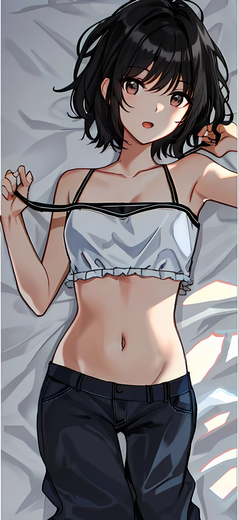 Black-haired girl with short hair, half-naked lying on the bed, straightening her hair, open mouth, darkened lighting, sexy