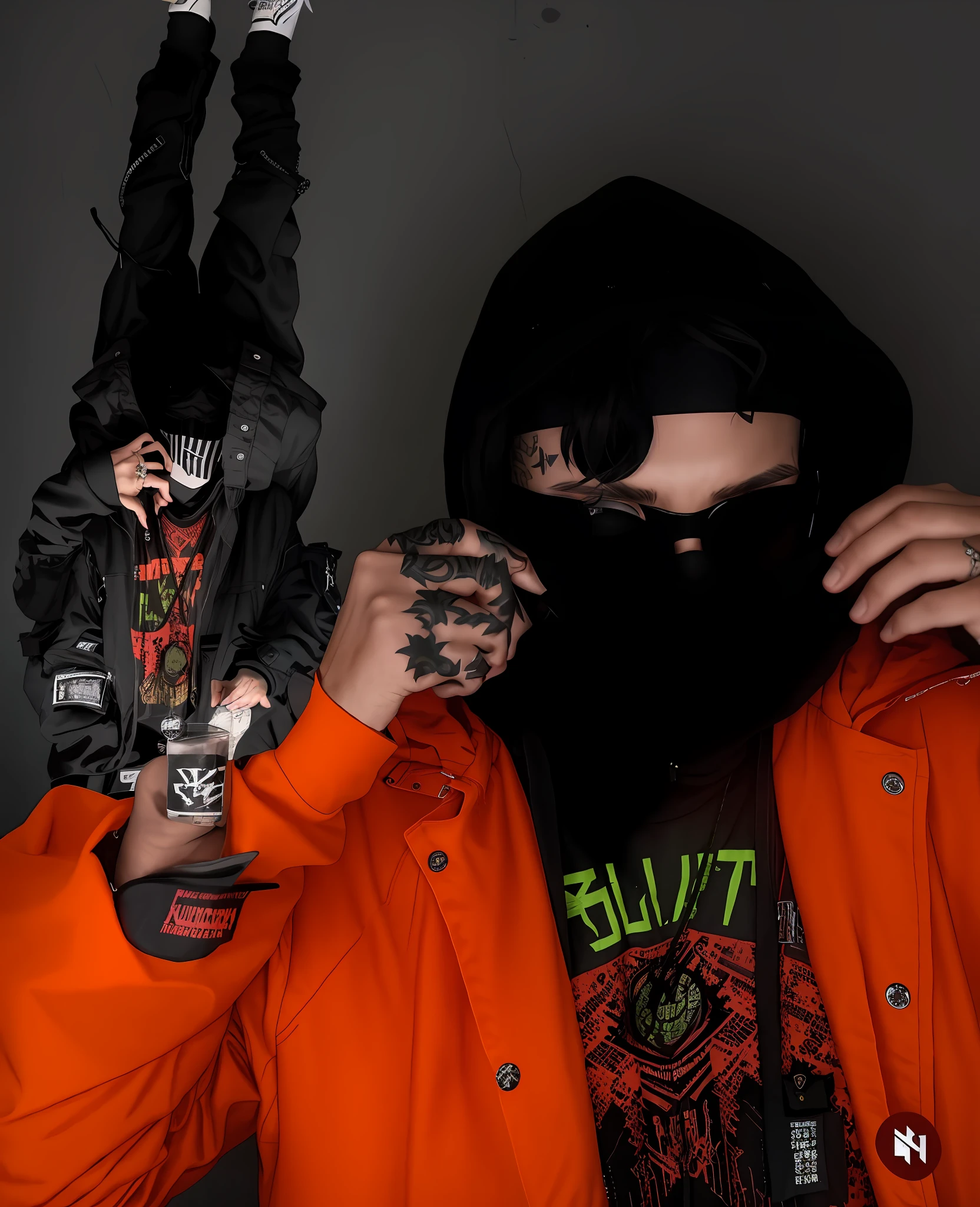 there is a man with a black mask and a black face covering his face, wearing cyberpunk streetwear, cyberpunk streetwear, bladee from drain gang, techwear occultist, wearing japanese techwear, wearing urban techwear, wearing space techwear, outlive streetwear collection, scary style, techwear look and clothes, hood covers his eyes, wearing all black mempo mask