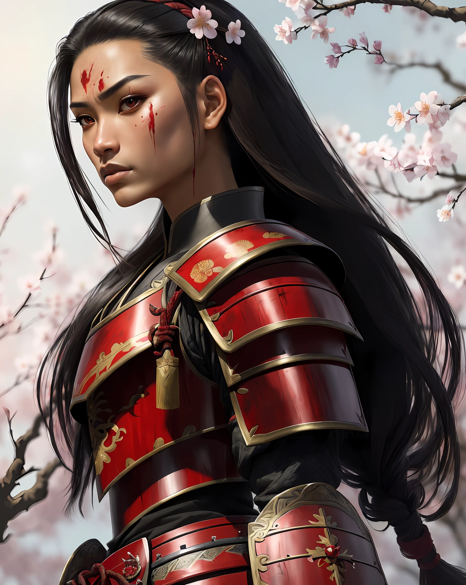 ((8k portrait of beautiful mixed Asian woman, side profile, masterpice, side lighting)), long hair, detailed light samurai armor, tired, bloody spear, darkness((blood red armor, black interior)), cinematic lighting, cherry blossoms, ashes, melancholy, award-winning photography, Popular on Deviant Art, Best of ArtStation, by WLOP, outdoor, oriental lighting