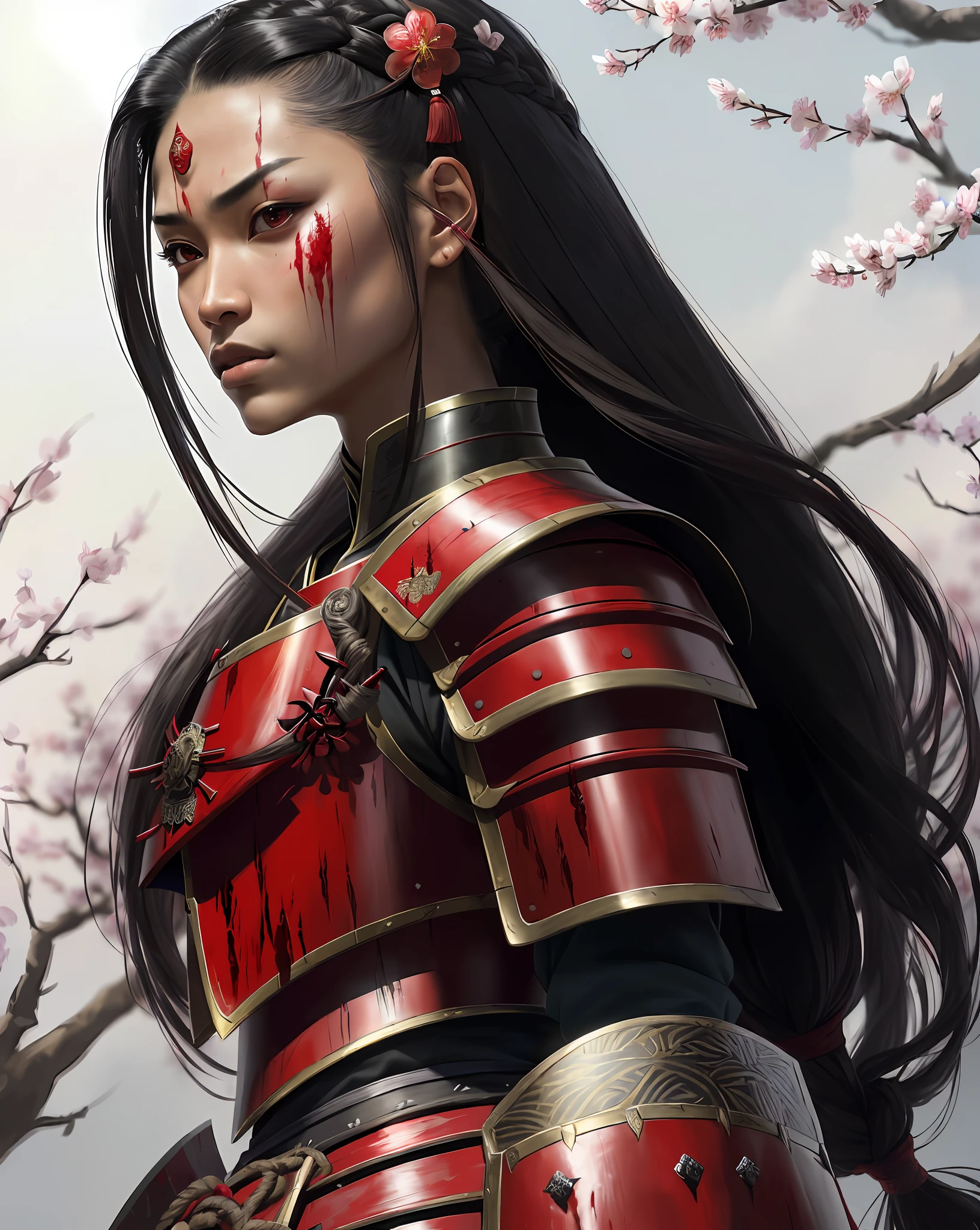 ((8k portrait of beautiful mixed Asian woman, side profile, masterpice, side lighting)), long hair, detailed light samurai armor, tired, bloody spear, darkness((blood red armor, black interior)), cinematic lighting, cherry blossoms, ashes, melancholy, award-winning photography, Popular on Deviant Art, Best of ArtStation, by WLOP, outdoor, oriental lighting