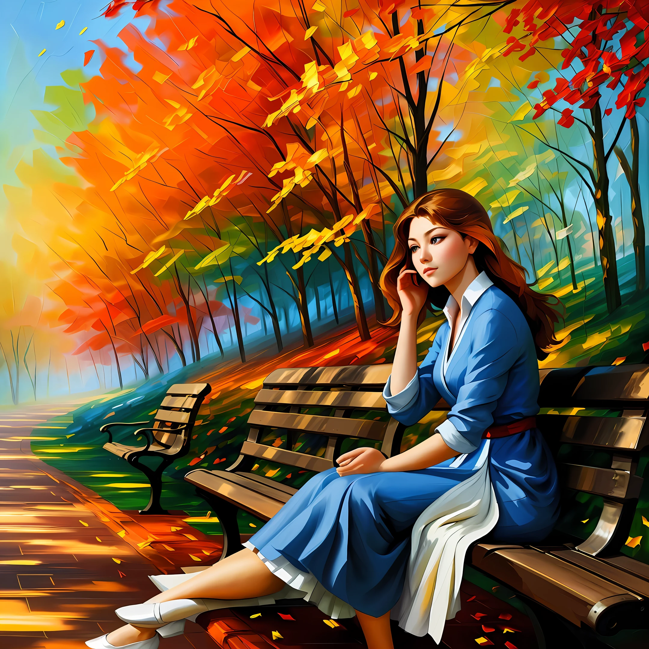 Ultra-detailed beautiful woman, (looking carefully into the distance: 1.4), in the park, sitting on a bench, full body, outdoors, (not looking at the camera: 1.7), (adjusting hair: 1.5), ( closed mouth), small breasts, beautiful detailed eyes, flowing hair, empire style, by Alex Huguet, Mike Hill, Ian Spriggs, JaeCheol Park, Marek Denko, impressionist style painting, brushstroke painting technique, palette knife painting, an expressive oil painting, Leonid Afremov