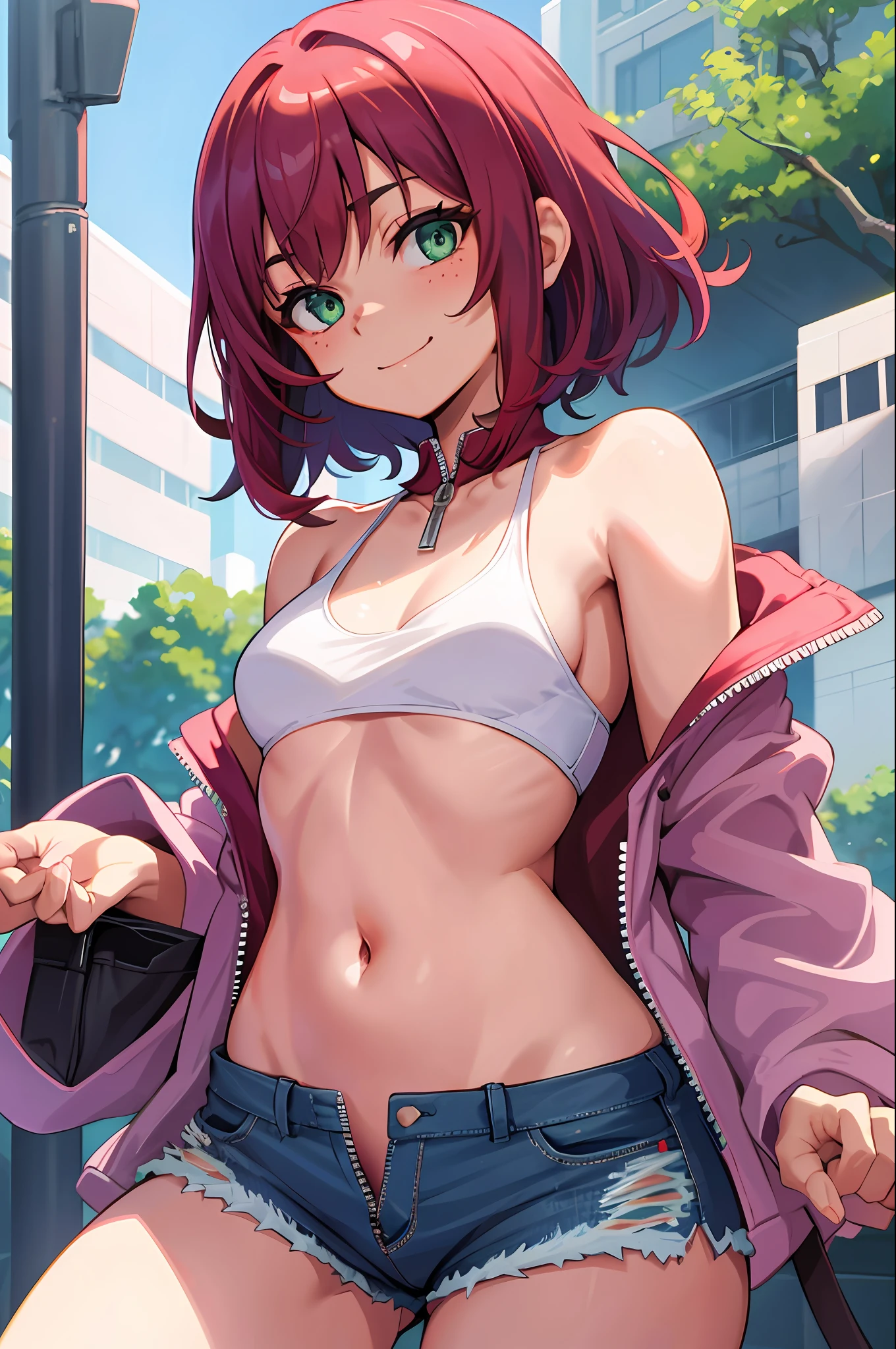 volumetric lighting, best shadows, shallow depth of field, portrait of a stunning girl, small, delicate, attractive face, seductive green eyes, happy smile, closed mouth, lovely medium breasts, (short red hair), freckles, thick eyelashes, open pink pop jacket, white underboob mini t-shirt, open belly button, thin waist, jean shorts, walking on the street, (high quality, amazing details: 1.25), bright colored paintings, open shorts, showing panties, open button, open zipper