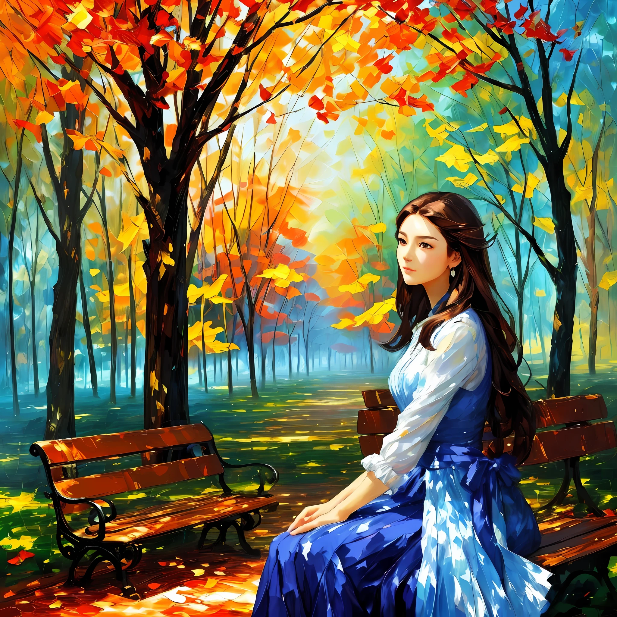 Ultra-detailed beautiful woman, (looking carefully into the distance: 1.4), in the park, sitting on a bench, full body, outdoors, (not looking at the camera: 1.7), (adjusting hair: 1.5), ( closed mouth), small breasts, beautiful detailed eyes, flowing hair, empire style, by Alex Huguet, Mike Hill, Ian Spriggs, JaeCheol Park, Marek Denko, impressionist style painting, brushstroke painting technique, palette knife painting, an expressive oil painting, Leonid Afremov