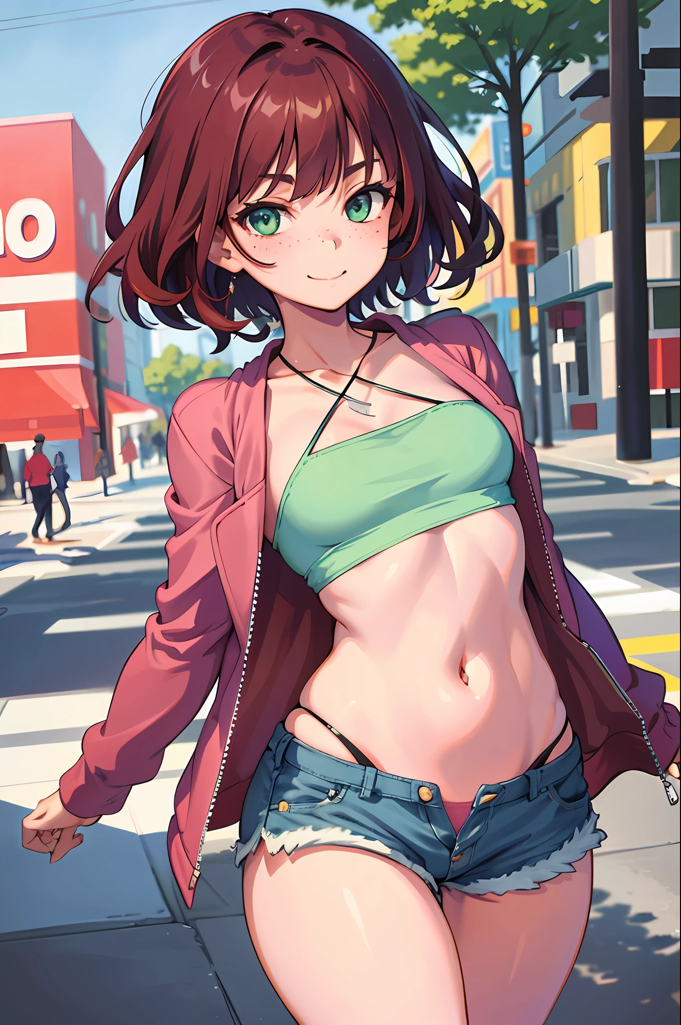 volumetric lighting, best shadows, shallow depth of field, portrait of a stunning girl, small, delicate, attractive face, seductive green eyes, happy smile, closed mouth, lovely medium breasts, (short red hair), freckles, thick eyelashes, open pink pop jacket, white underboob mini t-shirt, open belly button, thin waist, jean shorts, walking on the street, (high quality, amazing details: 1.25), bright colored paintings, open shorts, showing panties, open button, open zipper