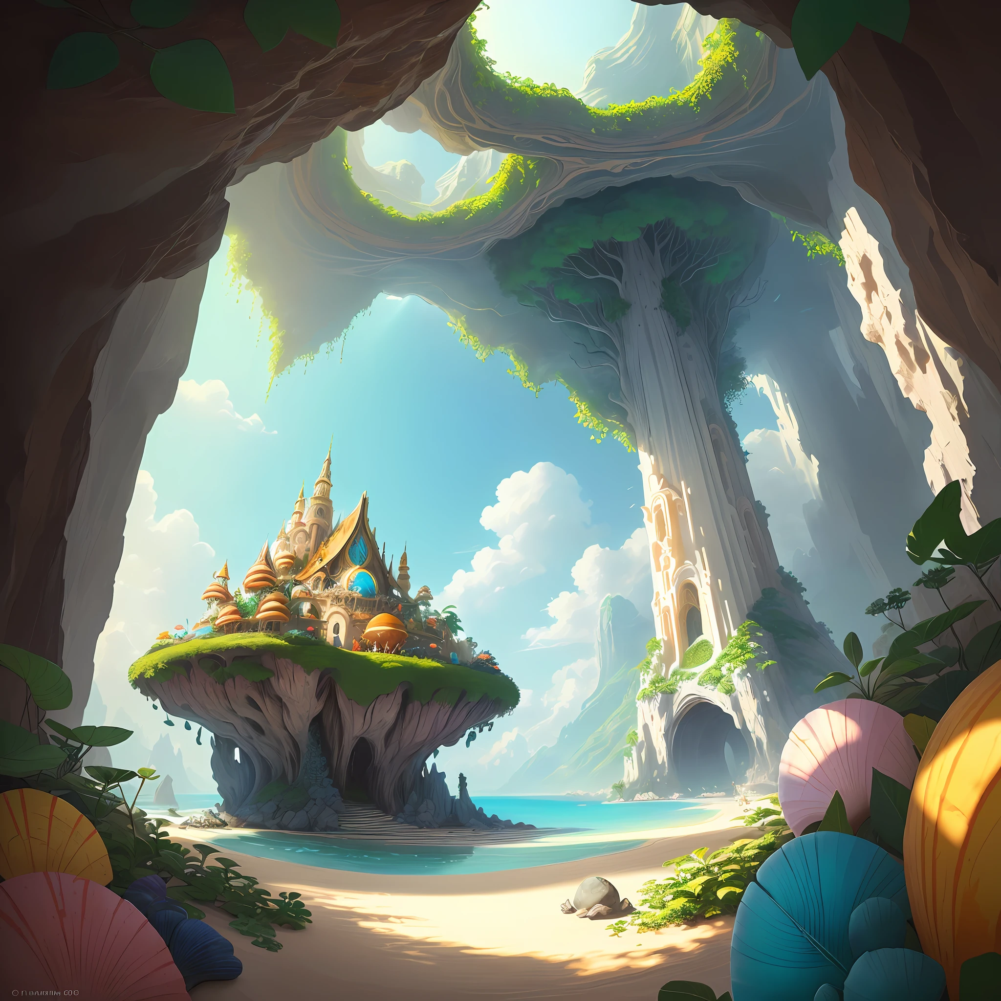 ((Original painting of the scene)), (Microcosmic world), concept art, exquisite details, elements included (the shell-designed building is in the center of the vision), dotted with a little color (coconut leaves, stones, tropical fruits), rich in layered decorative structure, ((cave scene)),((no sun and blue sky))