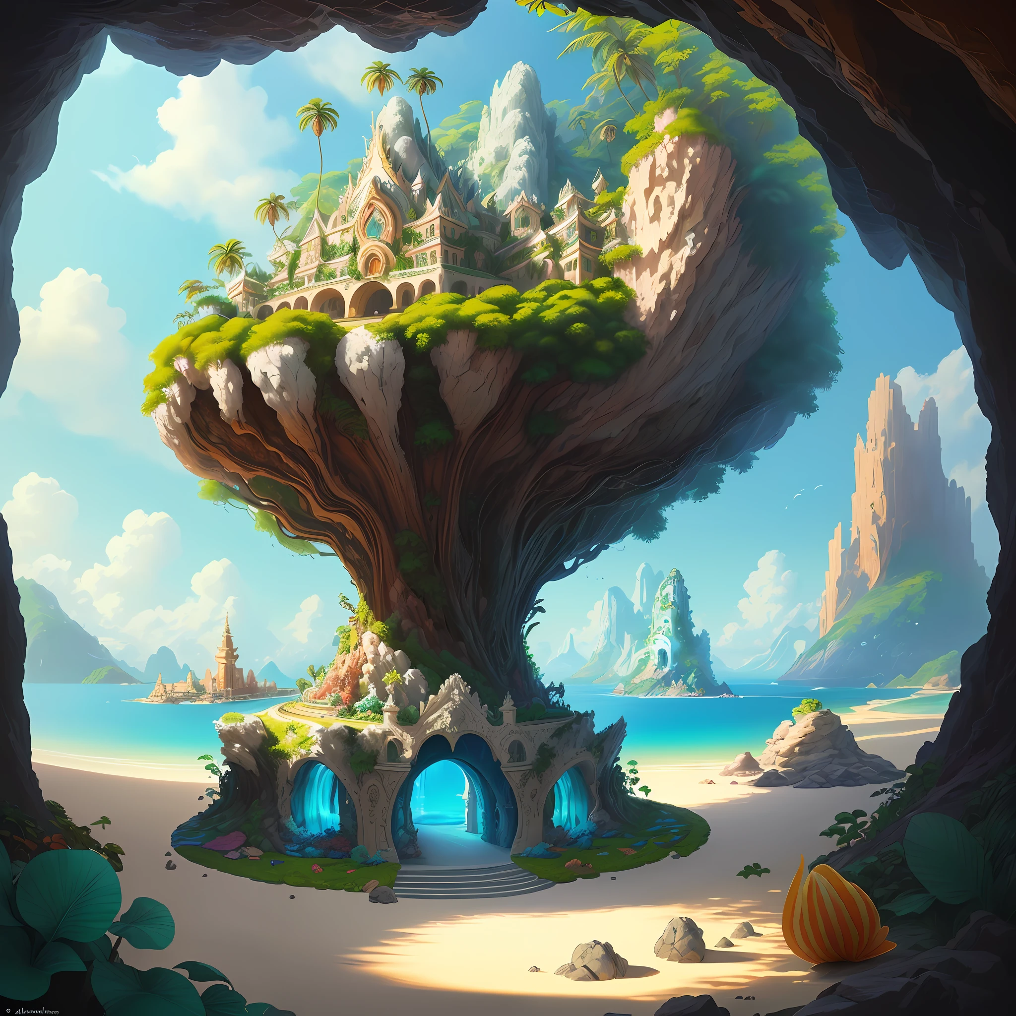 ((Original painting of the scene)), (Microcosmic world), concept art, exquisite details, elements included (the shell-designed building is in the center of the vision), dotted with a little color (coconut leaves, stones, tropical fruits), rich in layered decorative structure, ((cave scene)),((no sun and blue sky))