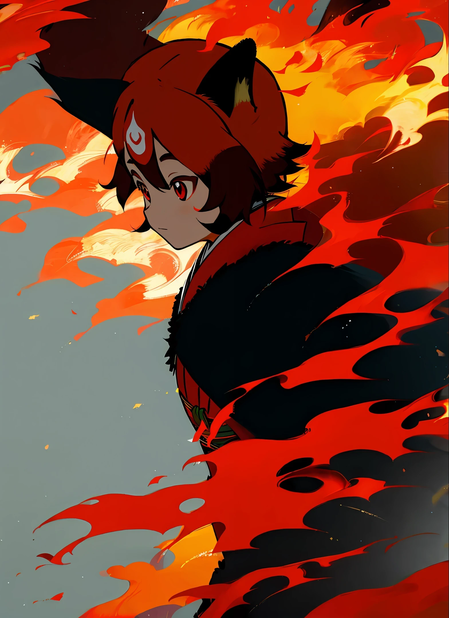 red panda, kimono, surrounded by fire
