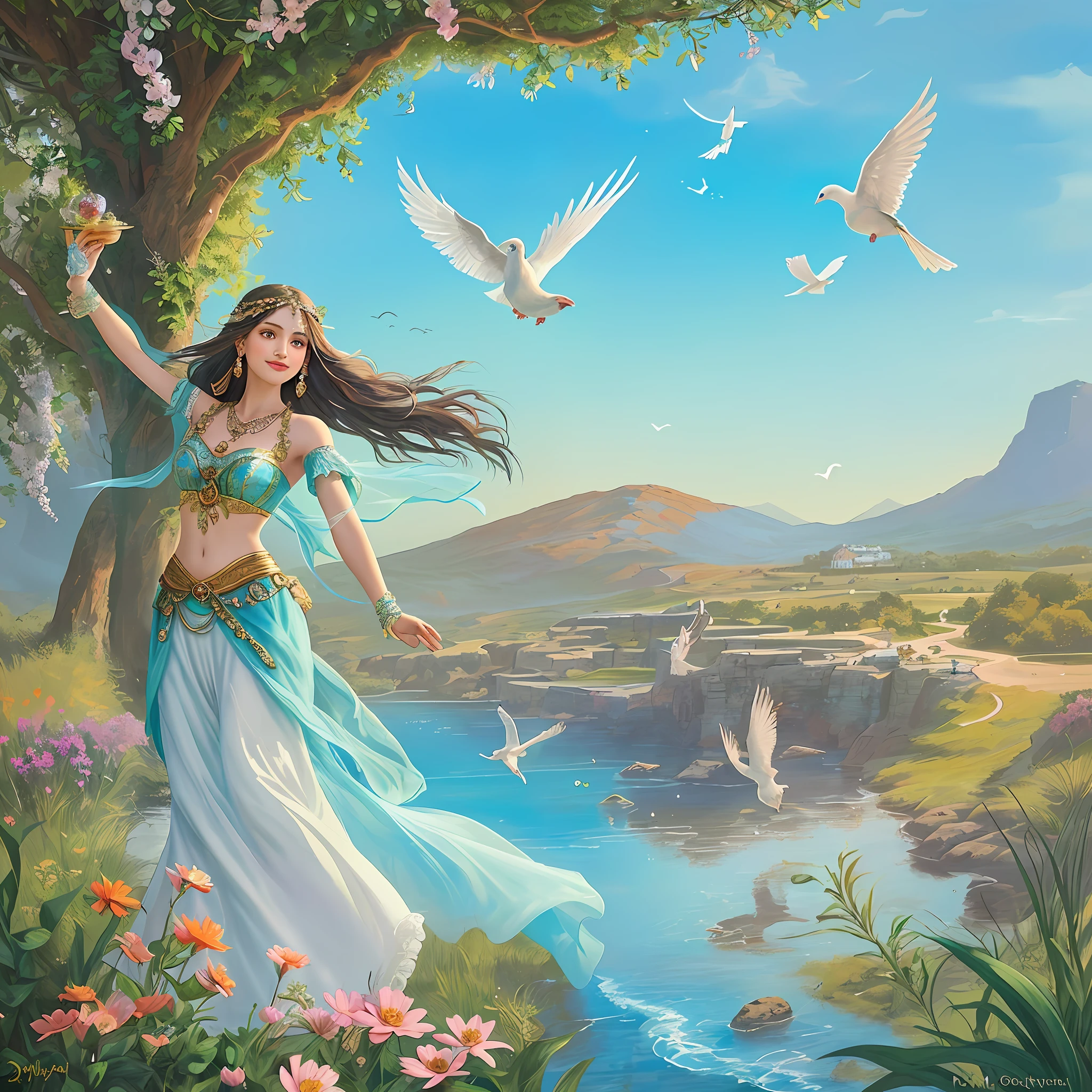 Imagine a painting that captures the charming, joyful and mysterious essence of the Dove Gypsy Gypsy Girl of Souls. The scene depicts a young gypsy, full of life and energy, surrounded by elements that evoke her connection to the spiritual world. At the center of the composition is the figure of the Dove Gypsy Gypsy Girl of Souls. She is portrayed with a curious look and a gentle smile, representing her playful and welcoming nature. Their gypsy costumes can be colorful and ornate, highlighting their culture and identity. Around the figure of the Dove Gypsy Gypsy Girl of Souls, there may be symbolic elements that represent her connection with souls and the spiritual world. This may include candles, tarot cards, crystals, or flowers, representing your intuitive wisdom and divinatory abilities. Elements such as colorful veils, ribbons or a gypsy tent can be incorporated to add a touch of authenticity and mysticism. The color palette used in the painting can be vibrant and full of life, with a combination of warm tones such as orange, red, pink and gold. These colors convey joy, passion and the gypsy spirit. Subtle details of light and shadow can be added to enhance the luminous presence of the central figure. The composition of the painting can be light and fluid, with smooth lines and graceful gestures. This represents freedom, artistic expression, and connection to the divine. The use of patterns and decorative elements, such as arabesques or flowers, can add a touch of delicacy and visual richness. This painting evokes the idea of magic, intuition, and celebration of life. It invites the viewer to immerse themselves in the enchanting world of the Dove Gypsy Gypsy Girl of Souls and to connect with her joyful and spiritual energy.