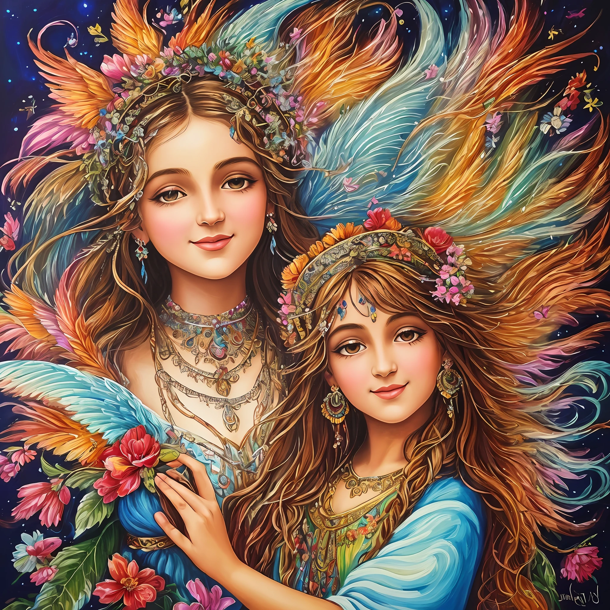 Imagine a painting that captures the charming, joyful and mysterious essence of the Dove Gypsy Gypsy Girl of Souls. The scene depicts a young gypsy, full of life and energy, surrounded by elements that evoke her connection to the spiritual world. At the center of the composition is the figure of the Dove Gypsy Gypsy Girl of Souls. She is portrayed with a curious look and a gentle smile, representing her playful and welcoming nature. Their gypsy costumes can be colorful and ornate, highlighting their culture and identity. Around the figure of the Dove Gypsy Gypsy Girl of Souls, there may be symbolic elements that represent her connection with souls and the spiritual world. This may include candles, tarot cards, crystals, or flowers, representing your intuitive wisdom and divinatory abilities. Elements such as colorful veils, ribbons or a gypsy tent can be incorporated to add a touch of authenticity and mysticism. The color palette used in the painting can be vibrant and full of life, with a combination of warm tones such as orange, red, pink and gold. These colors convey joy, passion and the gypsy spirit. Subtle details of light and shadow can be added to enhance the luminous presence of the central figure. The composition of the painting can be light and fluid, with smooth lines and graceful gestures. This represents freedom, artistic expression, and connection to the divine. The use of patterns and decorative elements, such as arabesques or flowers, can add a touch of delicacy and visual richness. This painting evokes the idea of magic, intuition, and celebration of life. It invites the viewer to immerse themselves in the enchanting world of the Dove Gypsy Gypsy Girl of Souls and to connect with her joyful and spiritual energy.
