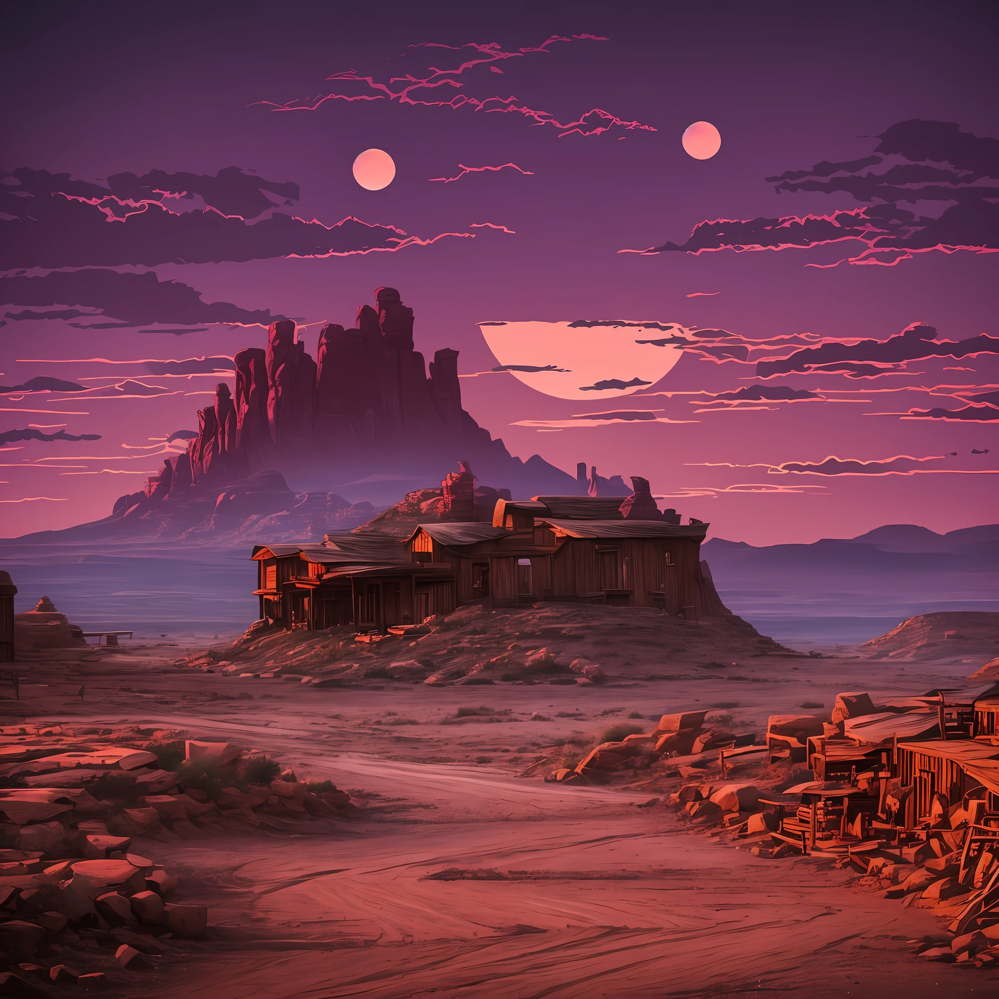 Old Wild West Old Wood Bar, Old Texas Clay Road, Colossal Mountains, Purple Sky with Giant Red Moon as in Hell Very Dark Environment, in Manga Style Design