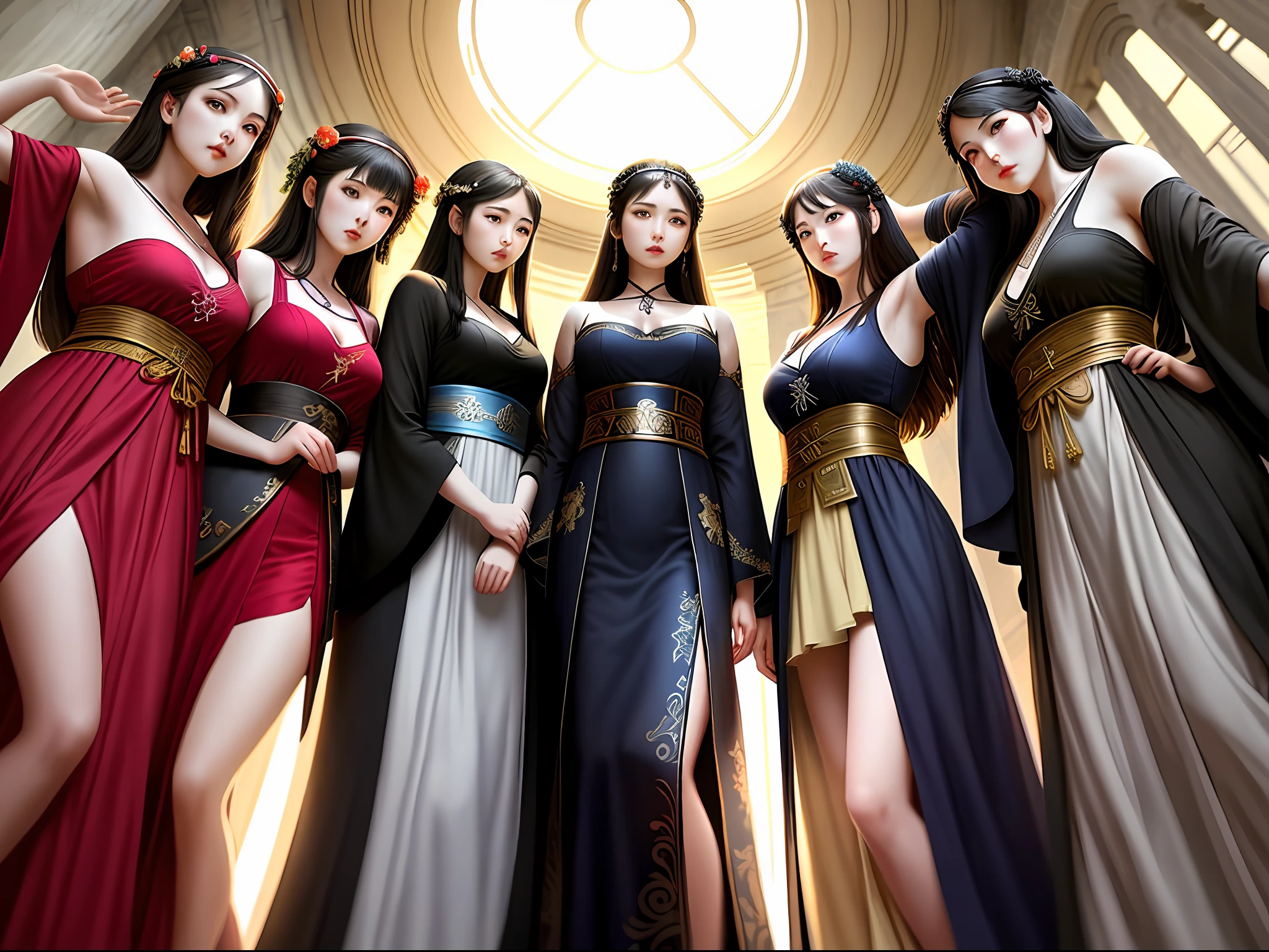 (from below, low angle), 5girls, mature females, goddesses, slenders, goddess skulls, greek robe, hanfu, arms up, armpits, god ray, sunbeam, masterpiece, best quilty, ultra-detailed, lipsticks