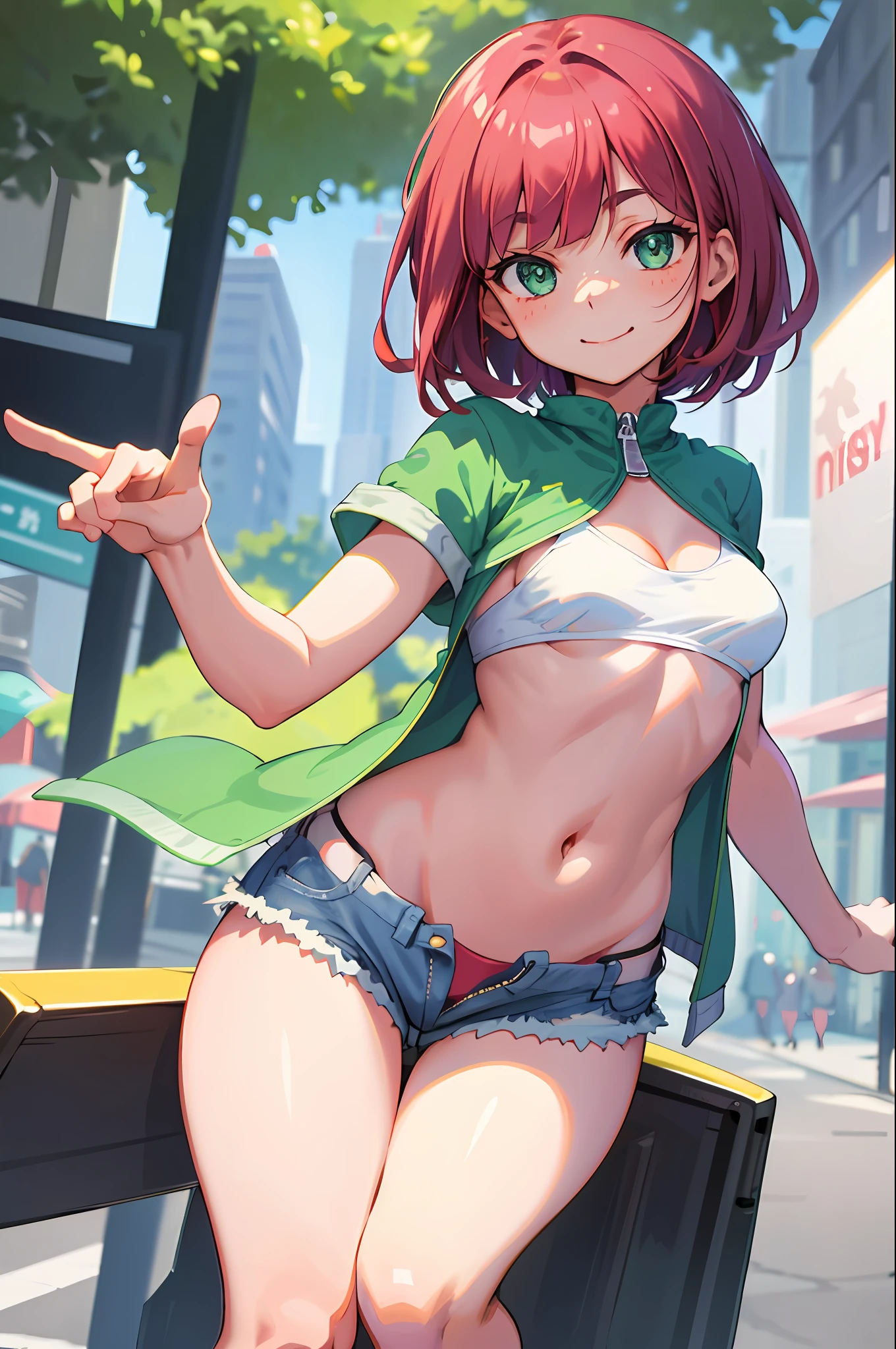 volumetric lighting, best shadows, shallow depth of field, portrait of a stunning girl, small, delicate, attractive face, seductive green eyes, happy smile, closed mouth, lovely medium breasts, (short red hair), freckles, thick eyelashes, open pink pop jacket, white underboob mini t-shirt, open belly button, thin waist, jean shorts, walking on the street, (high quality, amazing details: 1.25), bright colored paintings, open shorts, showing panties, open button, open zipper, v hand, v sign