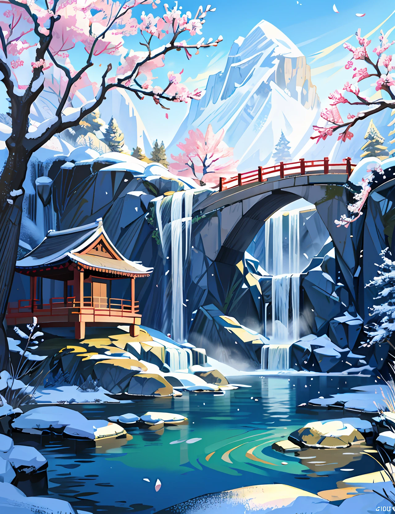 Ancient Chinese architecture, winter, plum blossoms, bamboo, lake, stone bridge, rockery, arch, corner, tree, tap water, landscape, waterfall, meadow, rock, water lily, hot springs, water vapor, (illustration: 1.0), epic composition, realistic lighting, high-definition details, masterpiece, best quality, (very detailed CG unified 8k wallpaper)