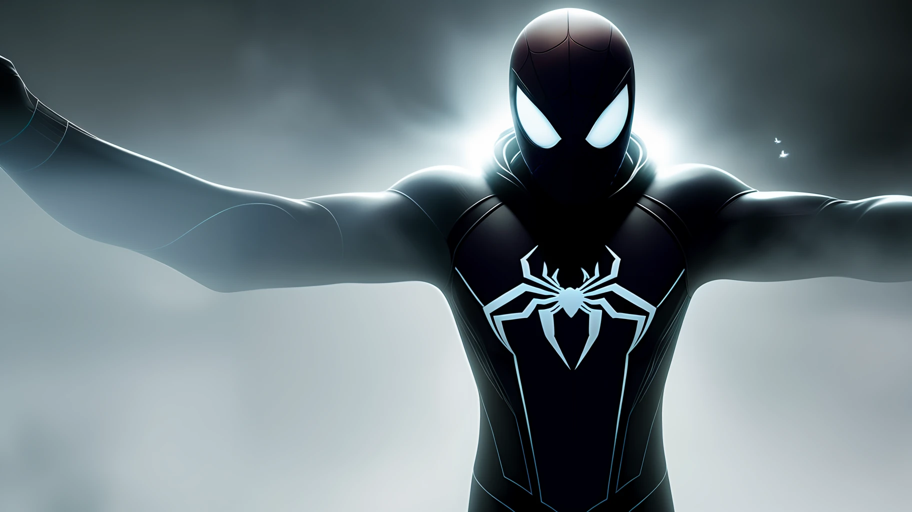 spider man e Ghost spider, two with in a black bodysuit with a spider in the center of his chest in white, organic-looking clothing, slime texture, symbiote, white eyes, fine art, ps5 cinematic screenshot,highly detailed detailed cinematic rendering, raytricing ultra fotorrealista, com iluminação cinematográfica, Surrealism, 8k, super detail