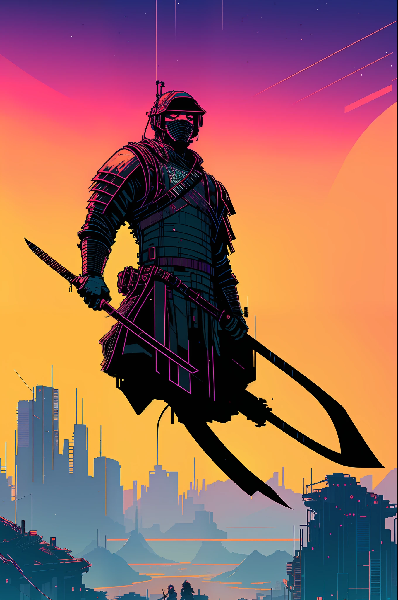 (nvinkpunk:1.2) (snthwve style:0.8), powerful warrior samurai, attack position, blade, japanese elements, anthro, lightwave, sunset, intricate, highly detailed, flat design, t shirt design, vector style