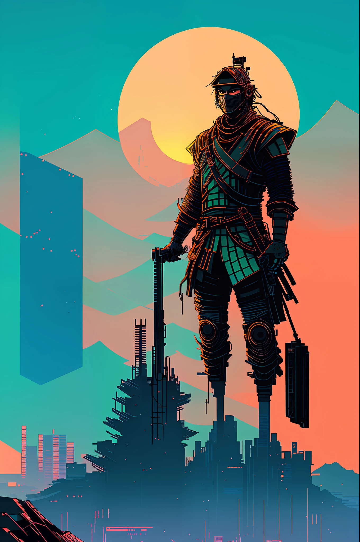 (nvinkpunk:1.2) (snthwve style:0.8), powerful warrior samurai, attack position, blade, japanese elements, anthro, lightwave, sunset, intricate, highly detailed, flat design, t shirt design, vector style