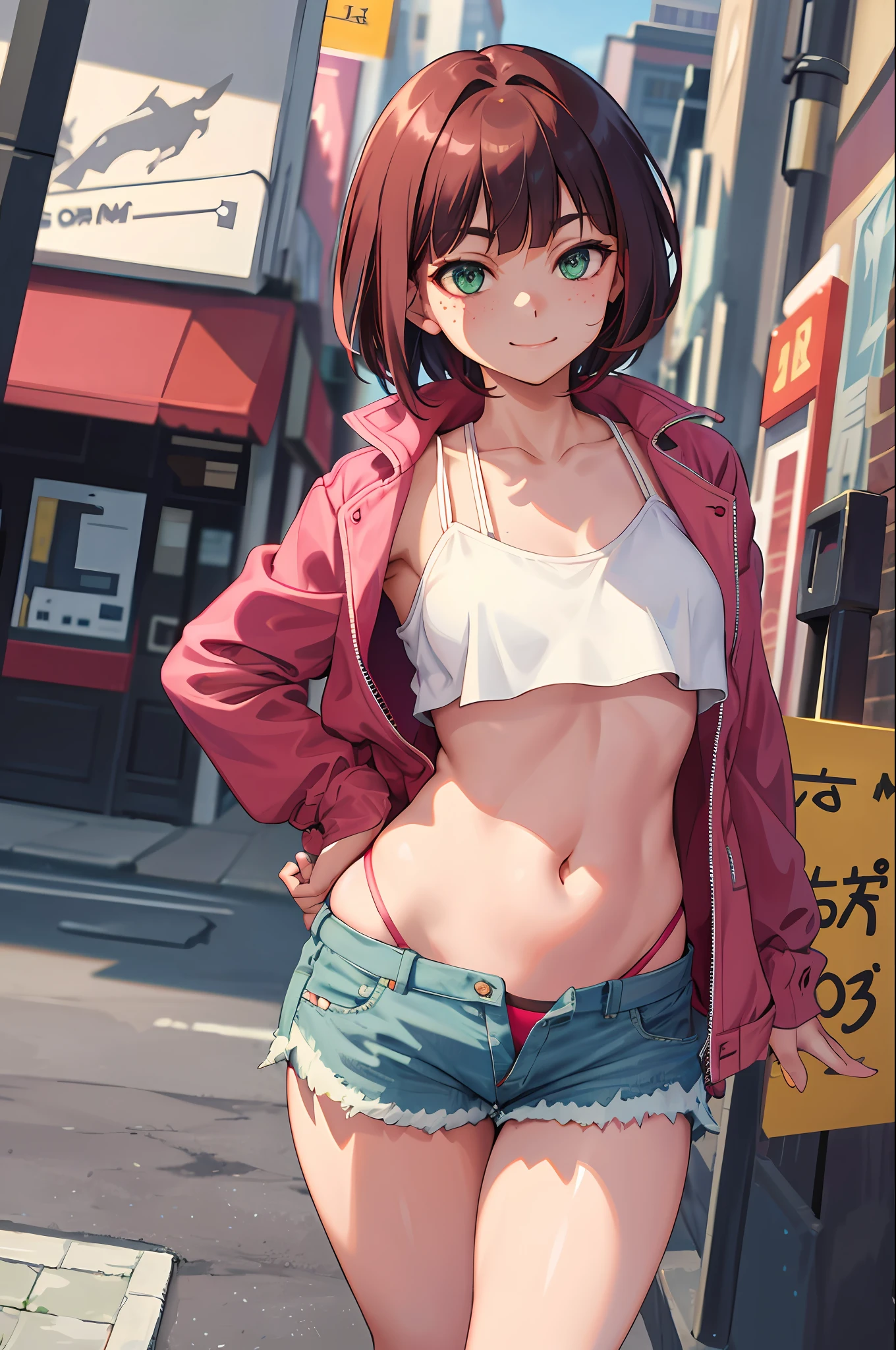 volumetric lighting, best shadows, shallow depth of field, portrait of a stunning girl, small, delicate, attractive face, seductive green eyes, happy smile, closed mouth, lovely medium breasts, (short red hair), freckles, thick eyelashes, open pink pop jacket, white underboob mini t-shirt, open belly button, thin waist, jean shorts, walking on the street, (high quality, amazing details: 1.25), bright colored paintings, Open shorts, showing panties, open button, open zipper, v hand, v sign, torn clothes, clothes, prostitution clothes, being judged by people