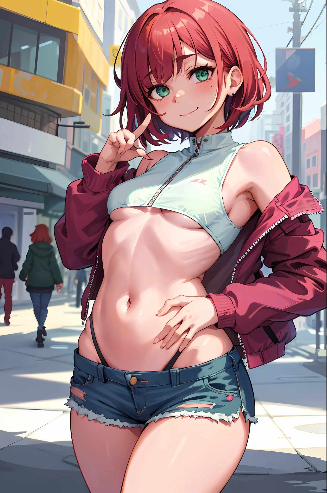 volumetric lighting, best shadows, shallow depth of field, portrait of a stunning girl, small, delicate, attractive face, seductive green eyes, happy smile, closed mouth, lovely medium breasts, (short red hair), freckles, thick eyelashes, open pink pop jacket, white underboob mini t-shirt, open belly button, thin waist, jean shorts, walking on the street, (high quality, amazing details: 1.25), bright colored paintings,  Open shorts, showing panties, open button, open zipper, v hand, v sign, torn clothes, clothes, prostitution clothes, being judged by people