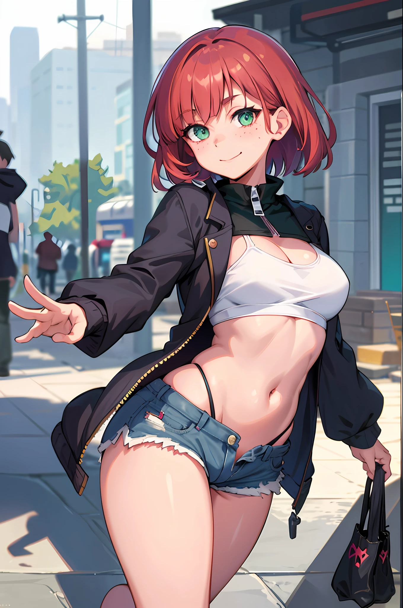 volumetric lighting, best shadows, shallow depth of field, portrait of a stunning girl, small, delicate, attractive face, seductive green eyes, happy smile, closed mouth, lovely medium breasts, (short red hair), freckles, thick eyelashes, open pink pop jacket, white underboob mini t-shirt, open navel, thin waist, jean shorts, walking on the street, (high quality, amazing details: 1.25), brightly colored paintings, Open shorts, showing panties, open button, zipper open, hand v, sign v, torn clothes, clothes, prostitution clothes, being judged by people, mirror showing ass, ass