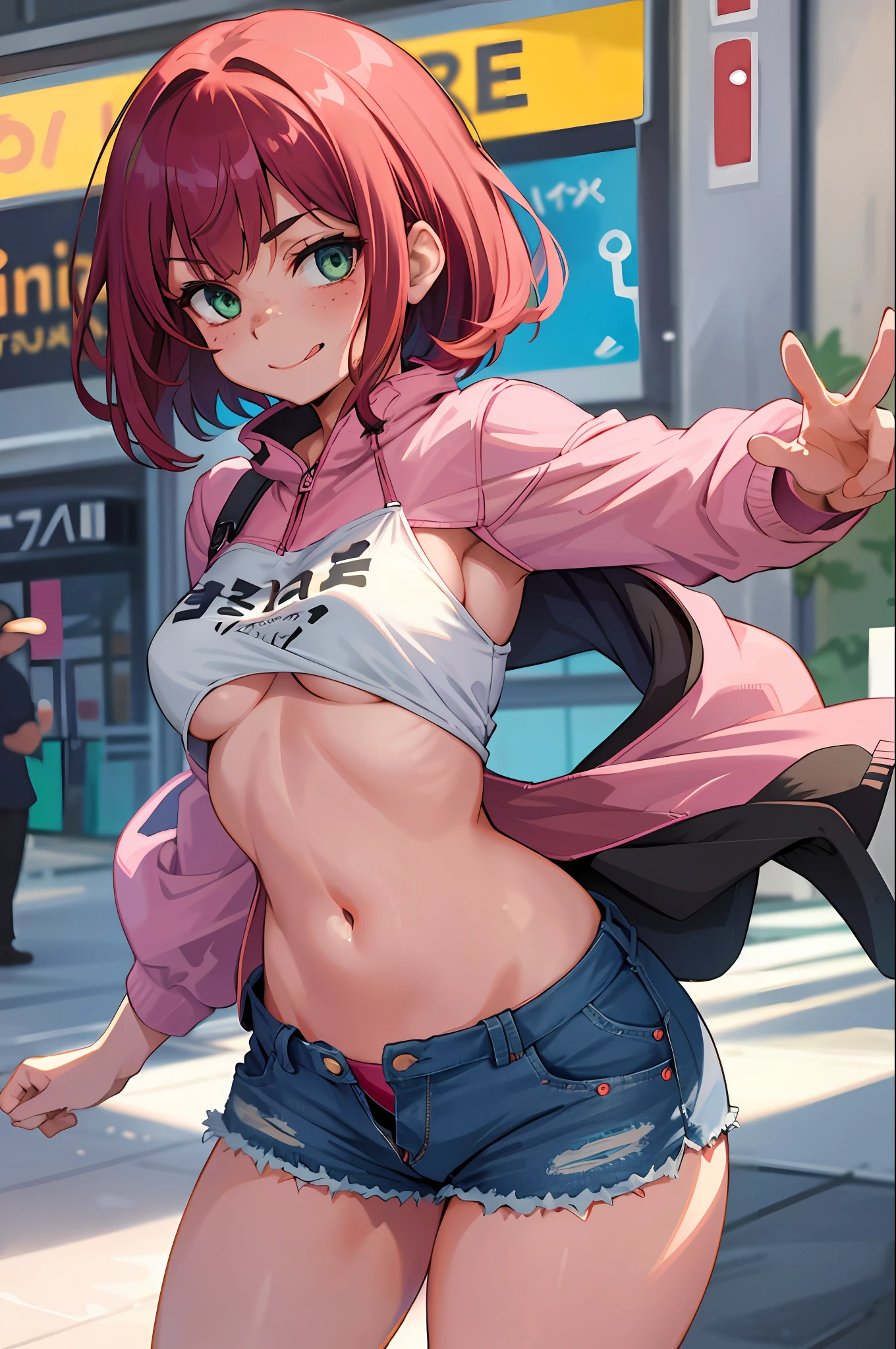 volumetric lighting, best shadows, shallow depth of field, portrait of a stunning girl, small, delicate, attractive face, seductive green eyes, happy smile, closed mouth, lovely medium breasts, (short red hair), freckles, thick eyelashes, open pink pop jacket, white underboob mini t-shirt, open navel, thin waist, jean shorts, walking on the street, (high quality, amazing details: 1.25), brightly colored paintings, open shorts, showing panties, open button, open zipper, invitation, tongue out, hand inviting to, sign with hand, torn clothes, clothes, prostitution clothes, being judged by people