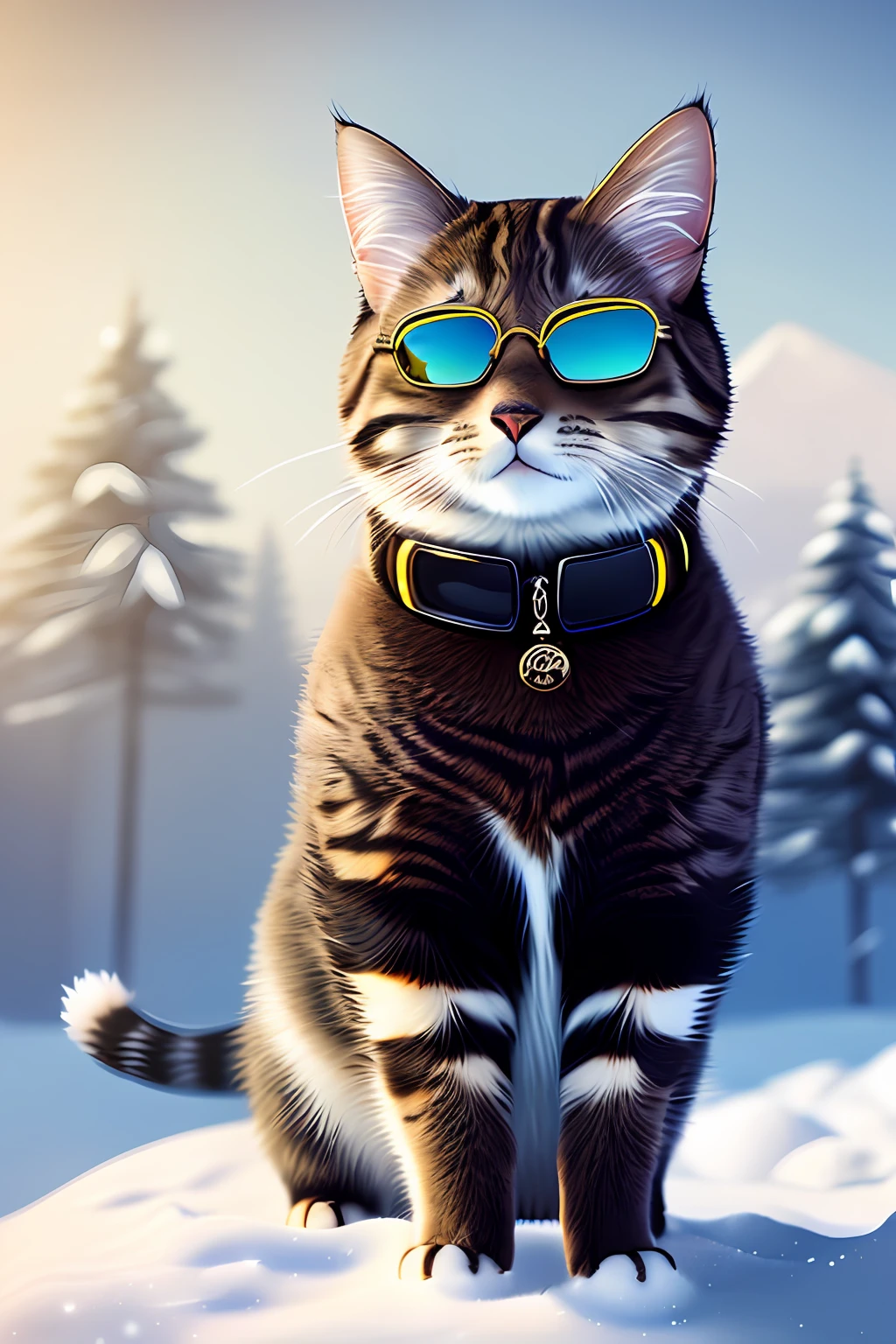 (very detailed CG style), better quality, perfect lighting, (a cat), sunglasses, warm clothes, snow in the background.