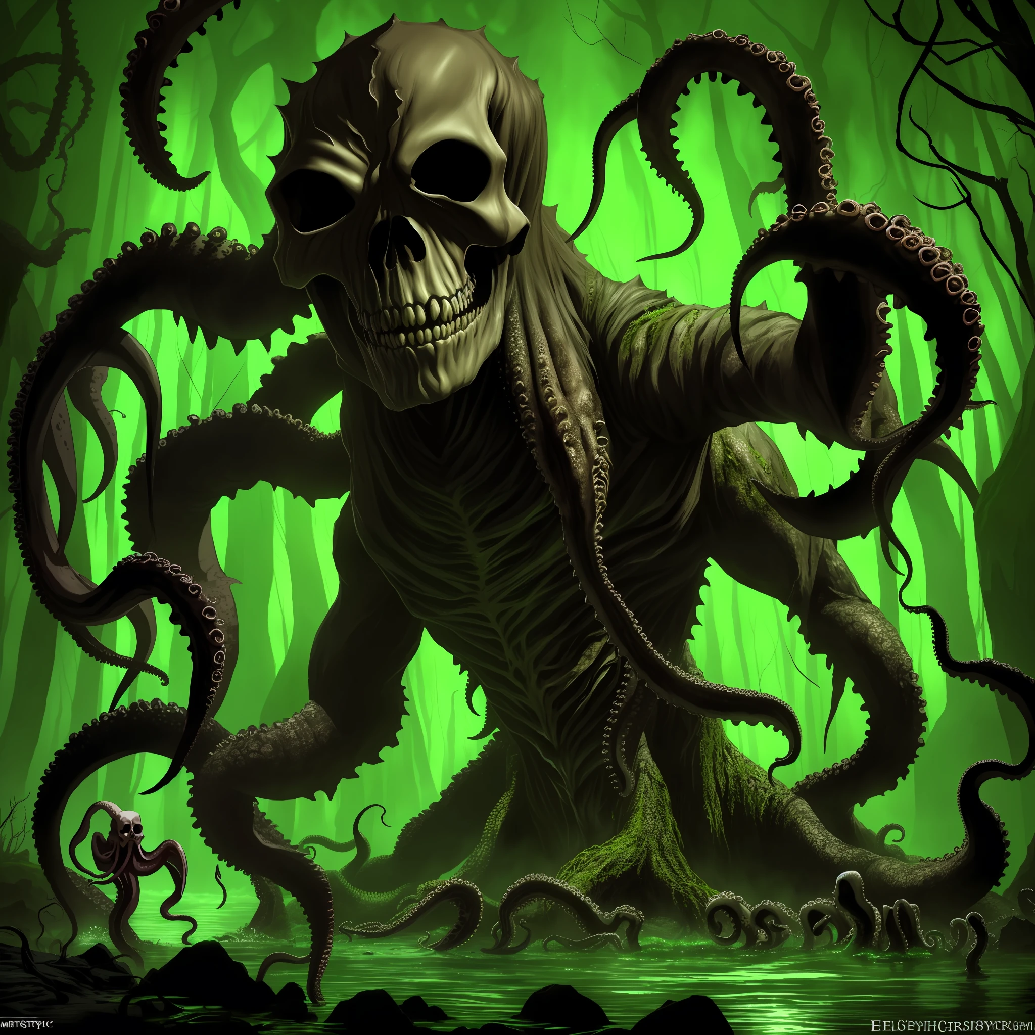 zrpgstyle, from_side from_below eldritch monster from the dark swamp (skull face:1.2) creature with (octopus tentacles:1.2) coming out of the water slime creepers moss waving water fireflies backlight in the midnight moonlight (masterpiece:1.2) (best quality) (detailed) (intricate) (8k) (HDR) (wallpaper) (cinematic lighting) (sharp focus)