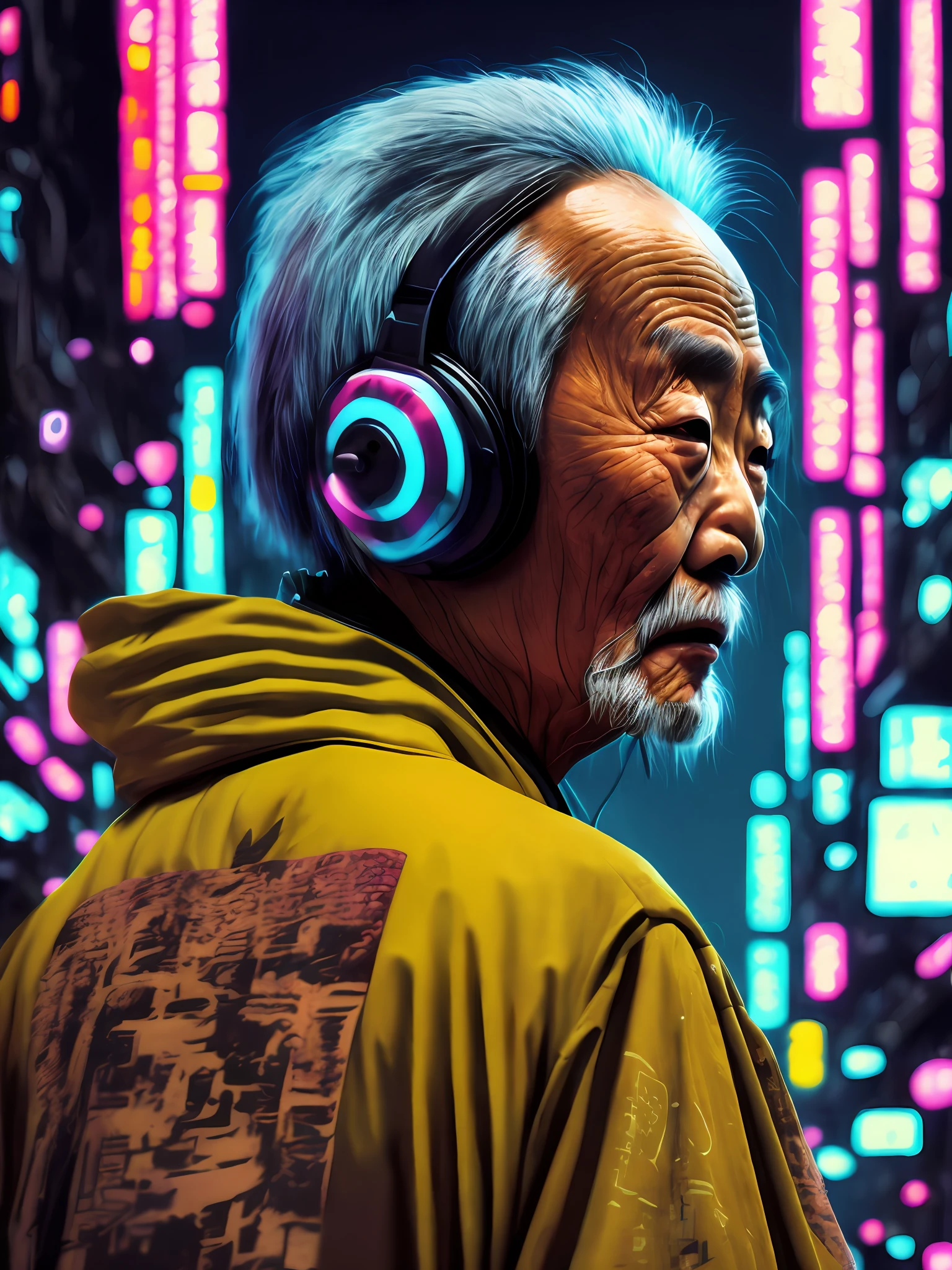 An old Asian man with a gamer headset in a kimono like a cyberpunk character on a city street. Night, neon signage, Japanese writing, futuristic, concept art, painting, illuminated, close-up, detailed, bright.
