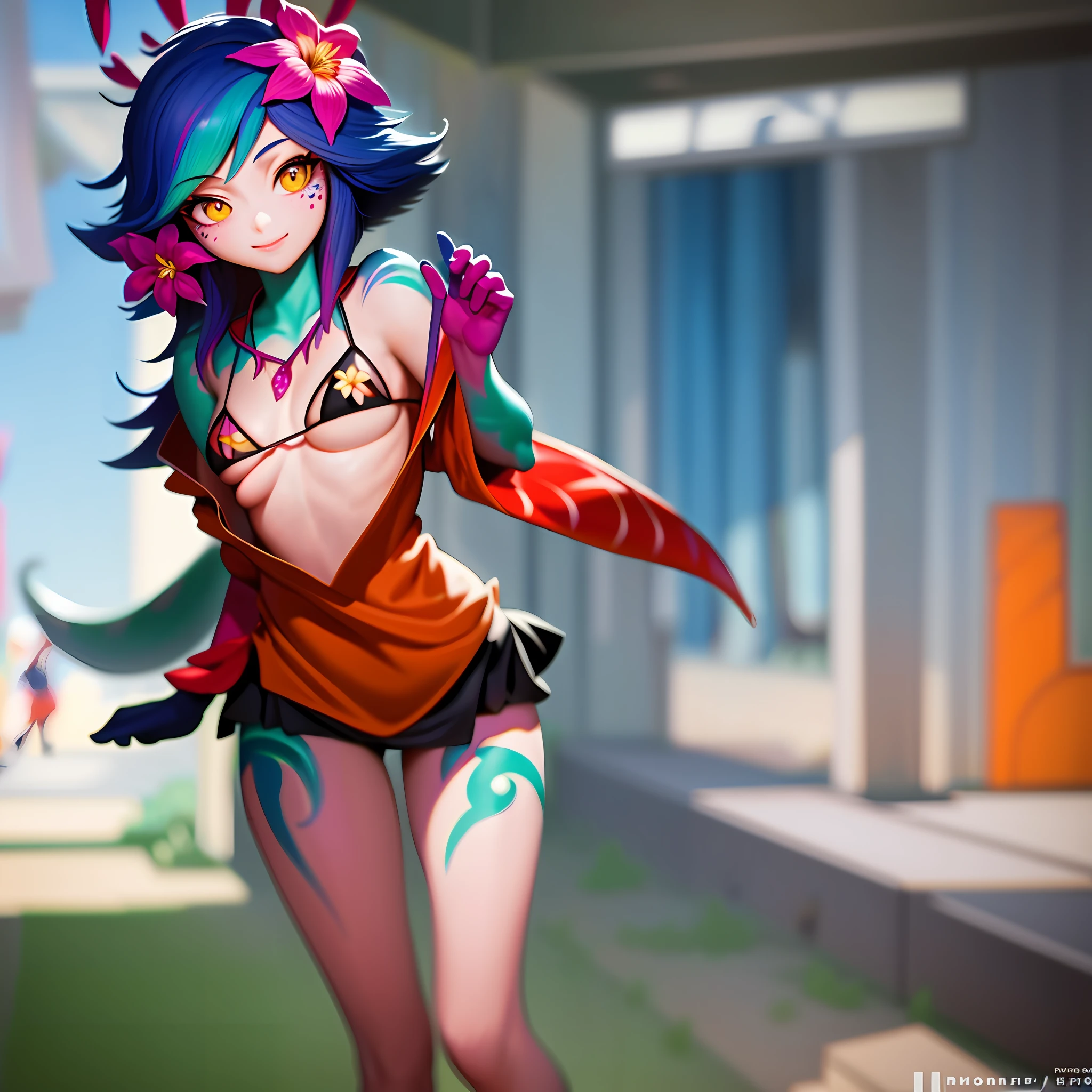 best illustration, illustration, vibrant colors, masterpiece, best quality, absurdities, 1girl, beautiful face, detailed eyes, looking at the viewer, contrapposto, sexy, full body, neeko, facial marks, hair ornaments, hair flower, necklace, lizard tail, multicolored skin, body painting, walking in public, with shame, red with shame, panting, smiling, in public, waving to strangers, teasing strangers, (( black micro-bikini)), walking on the street, in public, wearing black micro-bikini, black bikini, 2 girls, 2 twins