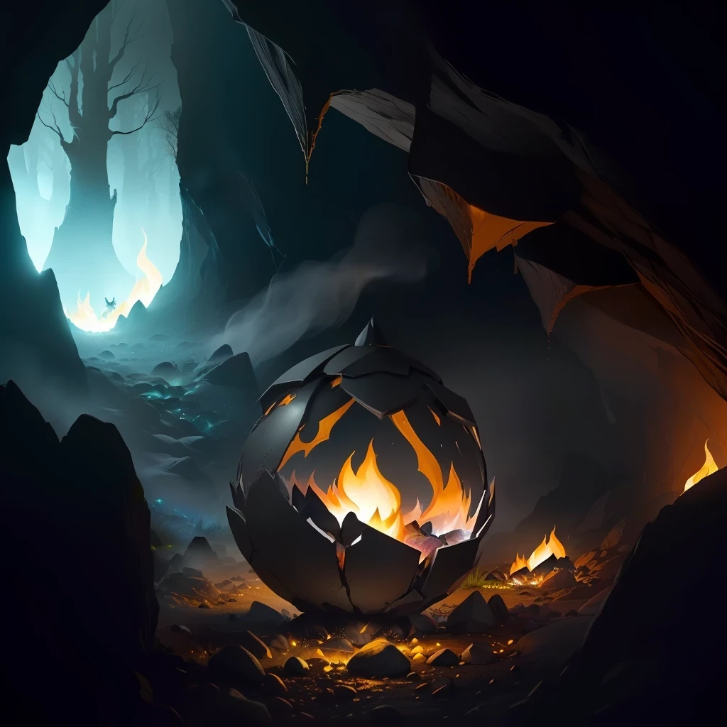 Smokey grey dragons egg in a fire, inside a dark cave, with glowing moss