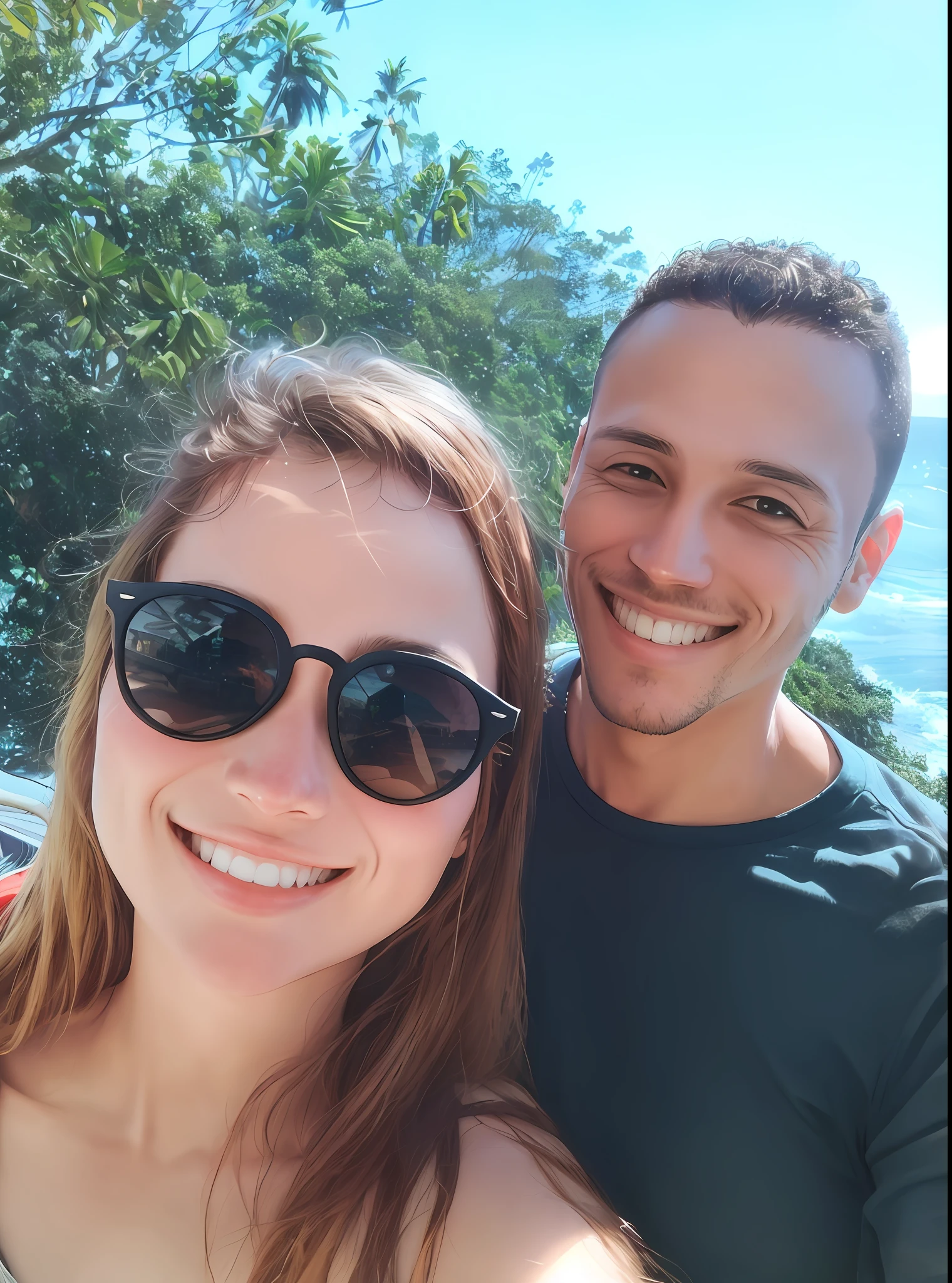 Smiling couple in sunglasses posing for a selfie on a sunny day, profile picture, vacation photo, smiling couple, in the ocean, happy couple, bright sunny day, profile picture