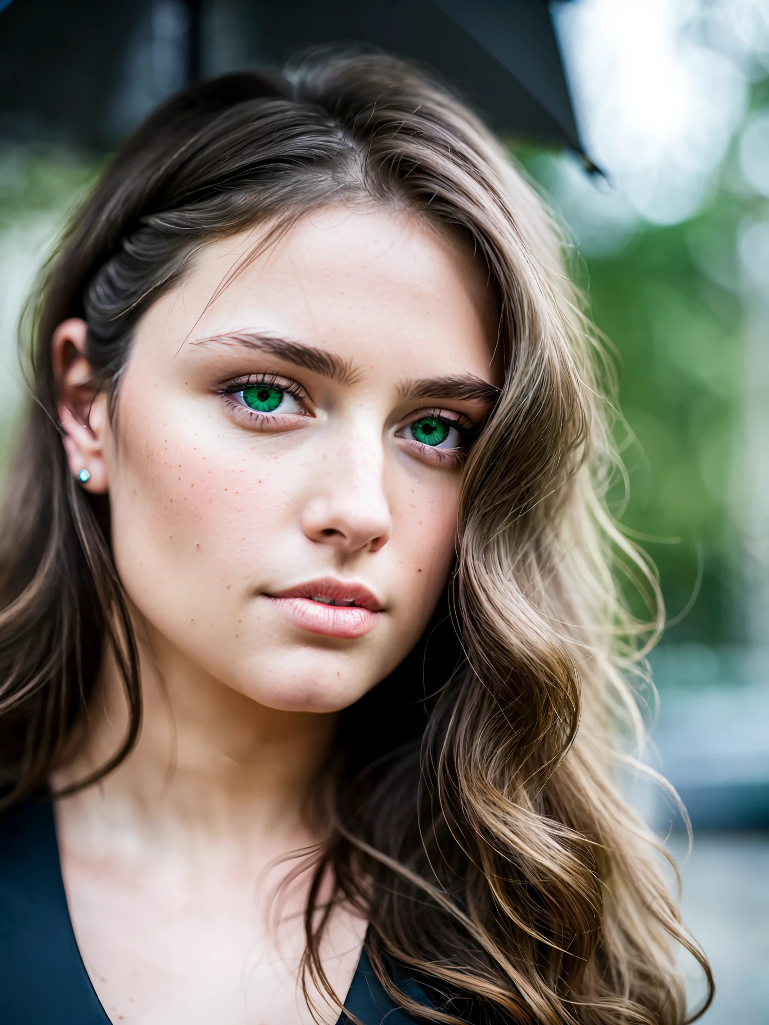 full face portrait photo of a 25 years old european girl, RAW, beautiful woman, half-open strawberry lips, dimples, longing gaze, green eyes, large pupils, large eyelashes, (extra long wavy brown hair), ((detailed face)), ((detailed facial features)), (finely detailed skin), pale skin, (detailed deep cleavage high tech cyberpunk dress), cyberpunk megacity environment, (cold colors), damp, moist, reflections, (masterpiece) (perfect proportion)(realistic photo)(best quality) (detailed) photographed on a Canon EOS R5, 50mm lens, F/2.8, HDR, (8k) (wallpaper) (cinematic lighting) (dramatic lighting) (sharp focus) (intricate)