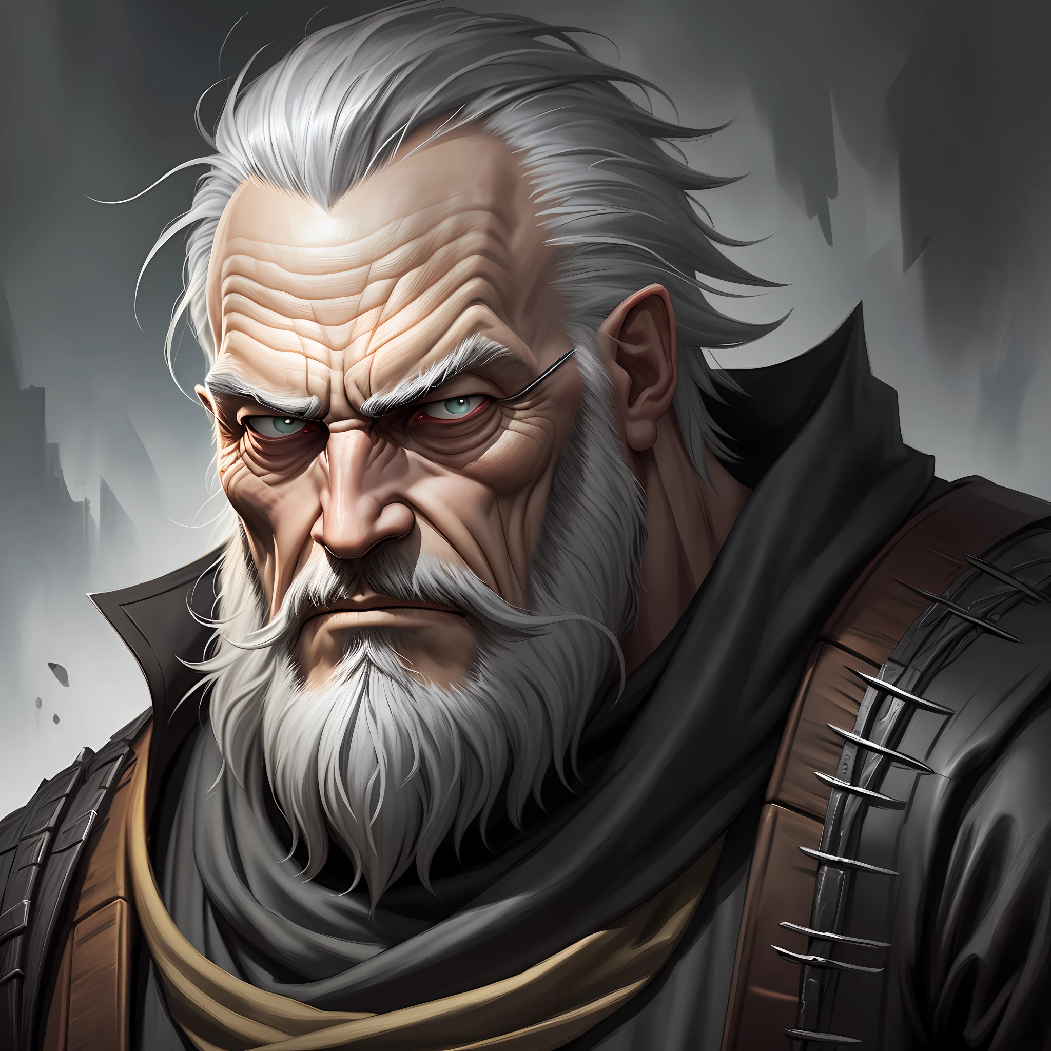 An old man, gray, rogue, black clothes, serious expression, bearded, dnd character, painted portrait, by slawomir maniak, wild, dark