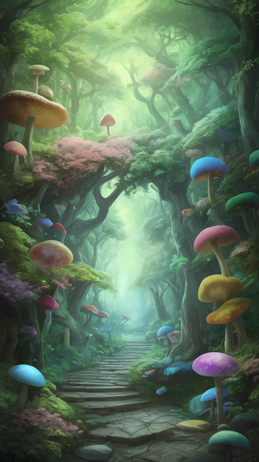 Masterpiece, best quality, high quality, extremely detailed CG Unity 8k wallpaper, a dream forest scene full of magical atmosphere, tall trees, shimmering mushrooms and hidden fairy paths, while creating a mysterious and enchanting atmosphere, art stations, digital illustrations, fine complexity, trends, pastel colors, oil paintings, award-winning photography, Bokeh, depth of field, HDR, bloom, chromatic aberration, extreme realism, extremely popular on art stations and CG communities.