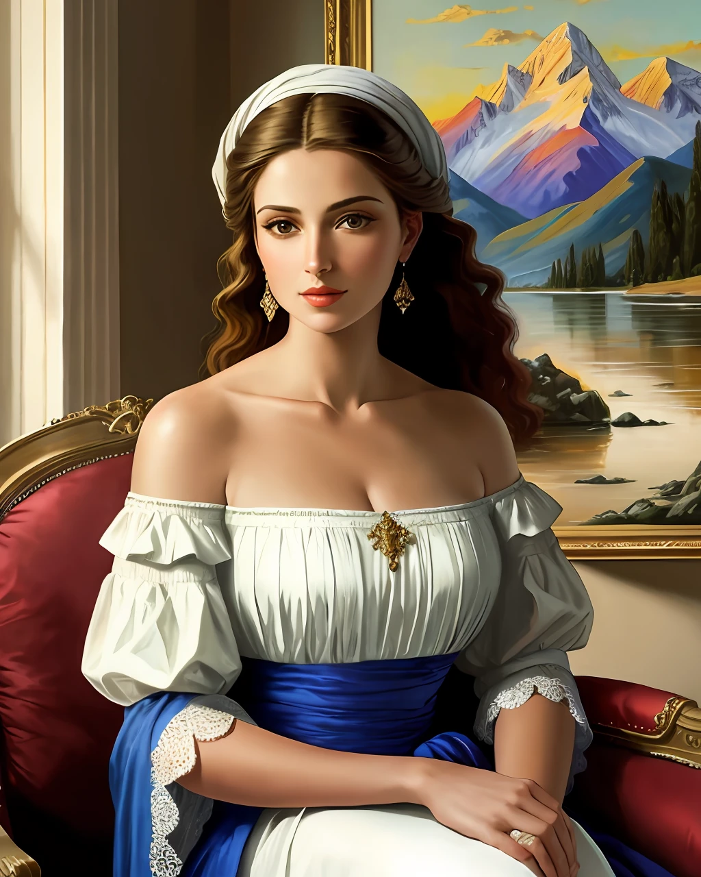 In an oil painting, a beautiful woman is portrayed in a stunning backdrop, capturing the essence of her allure and the beauty of the surroundings. The artist's skillful brushwork and use of rich, vibrant colors bring depth and dimension to the artwork, reminiscent of the works of John Singer Sargent. The woman's features are delicately rendered, highlighting her grace and elegance. The composition draws attention to her presence, while the scenic backdrop adds an element of serenity and visual interest. The oil painting stands as a timeless depiction of feminine beauty set against a captivating environment.