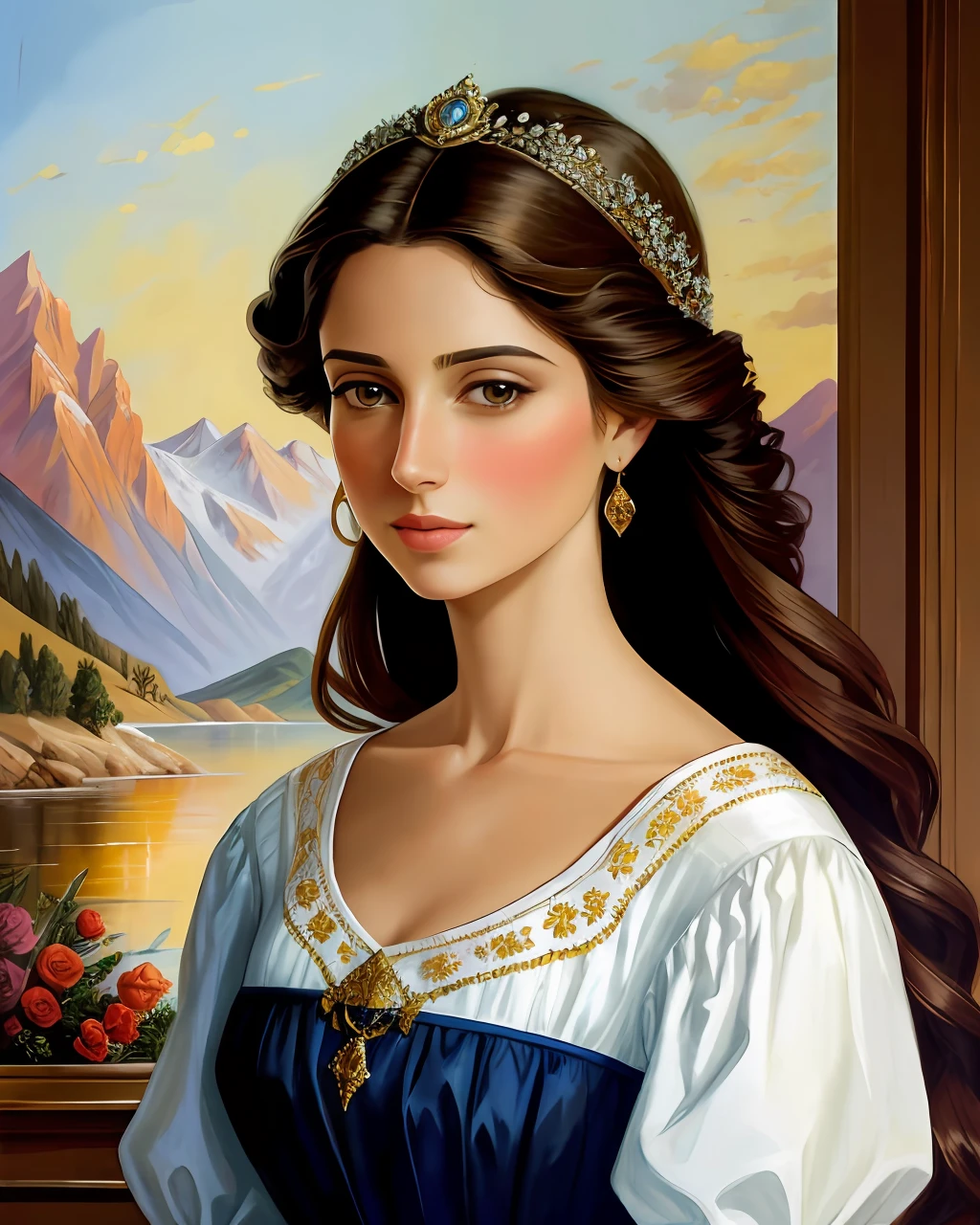 In an oil painting, a beautiful woman is portrayed in a stunning backdrop, capturing the essence of her allure and the beauty of the surroundings. The artist's skillful brushwork and use of rich, vibrant colors bring depth and dimension to the artwork, reminiscent of the works of John Singer Sargent. The woman's features are delicately rendered, highlighting her grace and elegance. The composition draws attention to her presence, while the scenic backdrop adds an element of serenity and visual interest. The oil painting stands as a timeless depiction of feminine beauty set against a captivating environment.