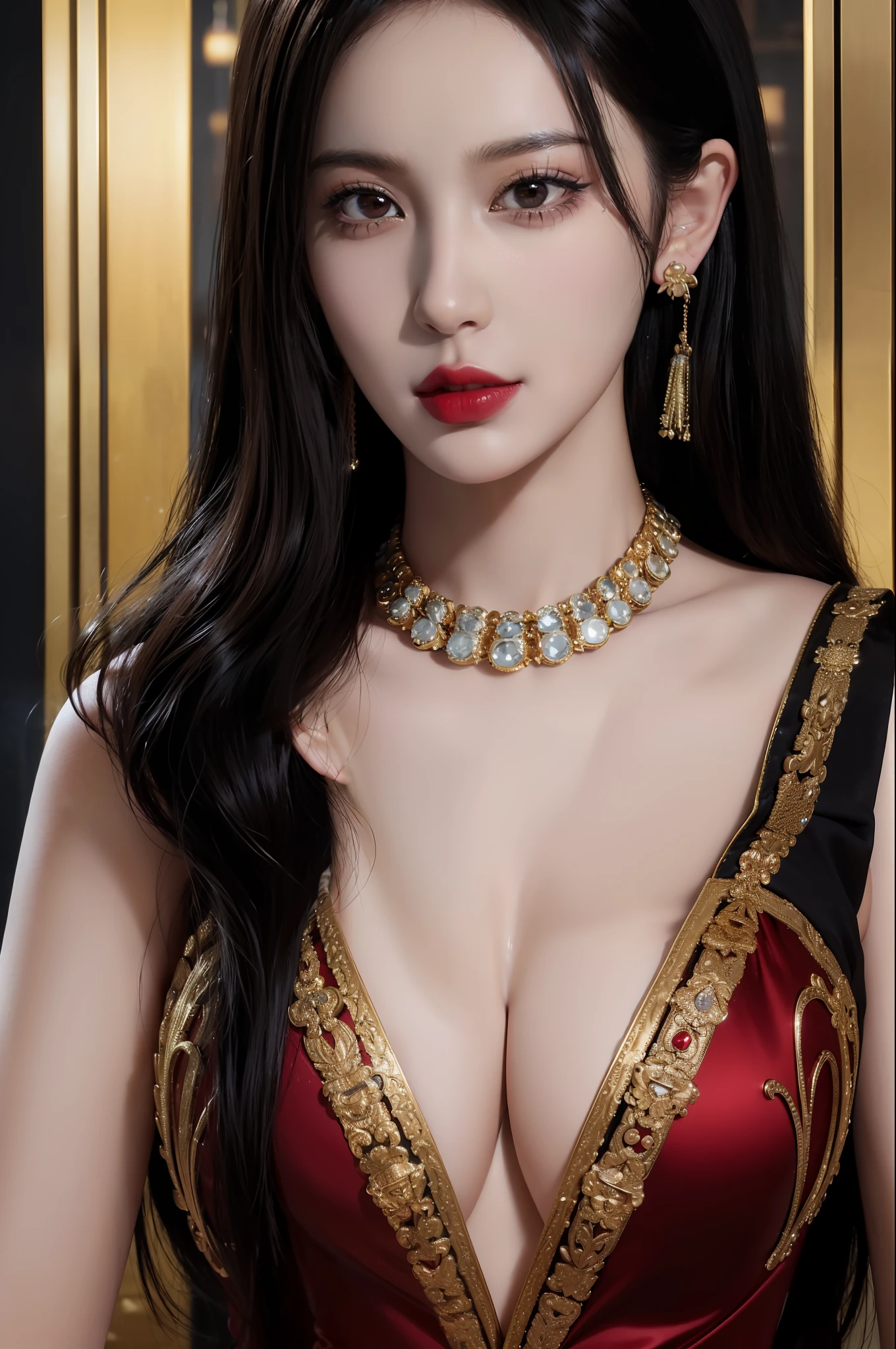 (超高画质,masterpiece,high quality),impressive(light&shadow),dramatic(contrast),high-end, mysterious, cold-blooded,charismatic female CEO"霸道总裁"(fierce look, noble face, thick lips,black high heels,red dress,earrings),the most powerful woman in the city,strong and powerful, luxury office,a series of detailed close-up shots with different angles, masculine decor,golden lines and elaborate patterns.