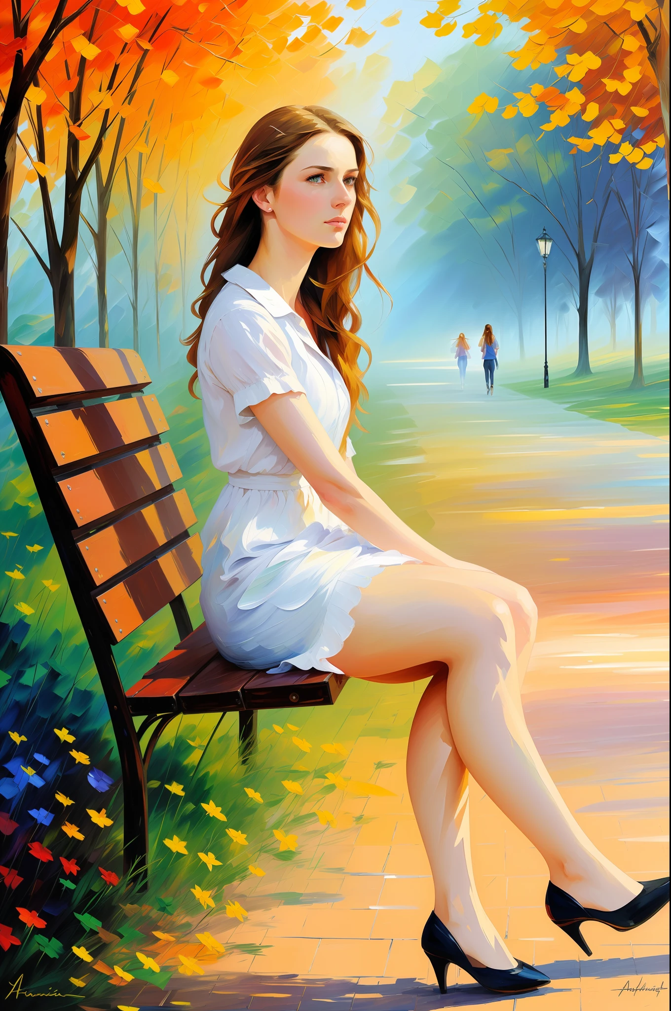 Ultra-detailed woman, (looking thoughtfully into the distance:1.4), in the park, sitting on a bench, full body, outdoors, (not looking at the camera:1.7), (adjusting hair:1.5), (short open shirt:1.2), solo, beautiful detailed sky, (closed mouth), small breasts, beautiful detailed eyes, floating hair, NSFW, seminude bosom, saliva, style-empire, by Alex Huguet, Mike Hill, Ian Spriggs, JaeCheol Park, Marek Denko, picture painted in impressionist style, brushstroke painting technique, palette knife painting, an expressive oil painting, Leonid Afremov