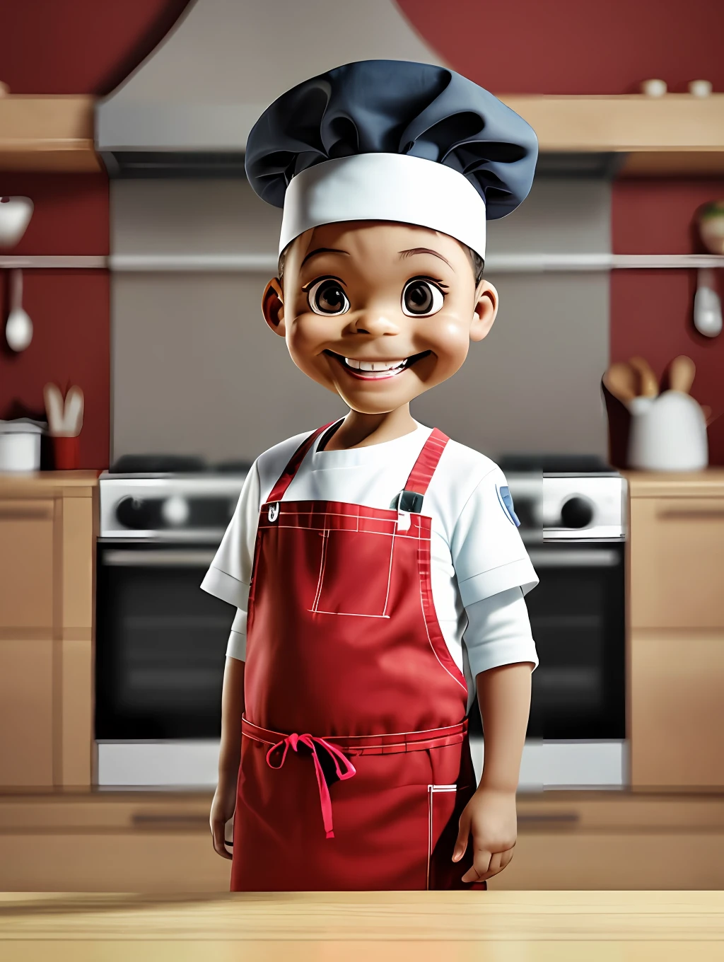 guttonerdvision3, Portrait of a 3--old  in cook's outfit, red apron, kitchen chef's hat, half-body, looking at the viewer, smiling, chibi style, kitchen setting, blurred background, depth of field, detailed, cartoon, drawing with strokes by designer alex ross, unreal engine, 8k